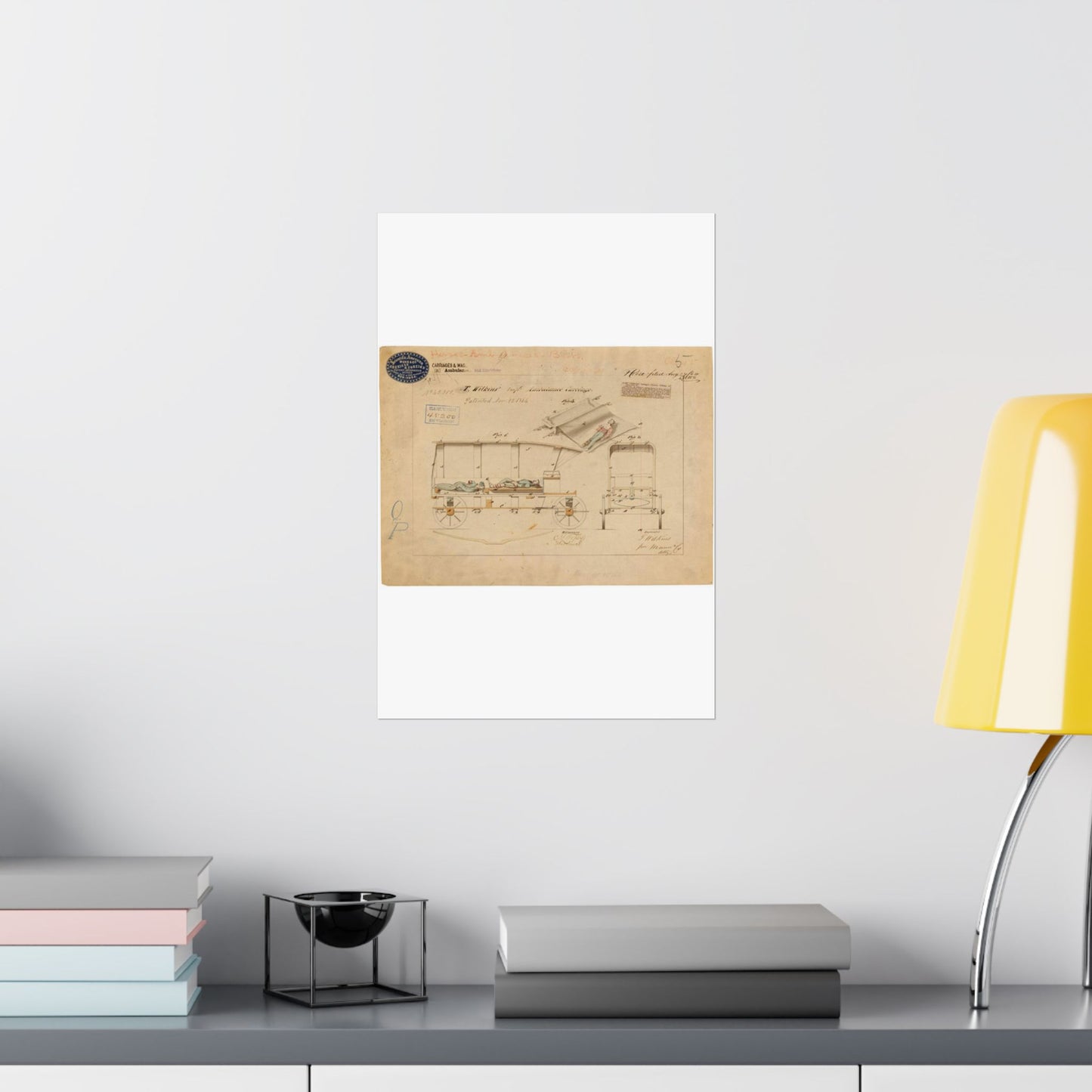 Patent drawing - Drawing of Improved Ambulance Carriage Public domain image High Quality Matte Wall Art Poster for Home, Office, Classroom
