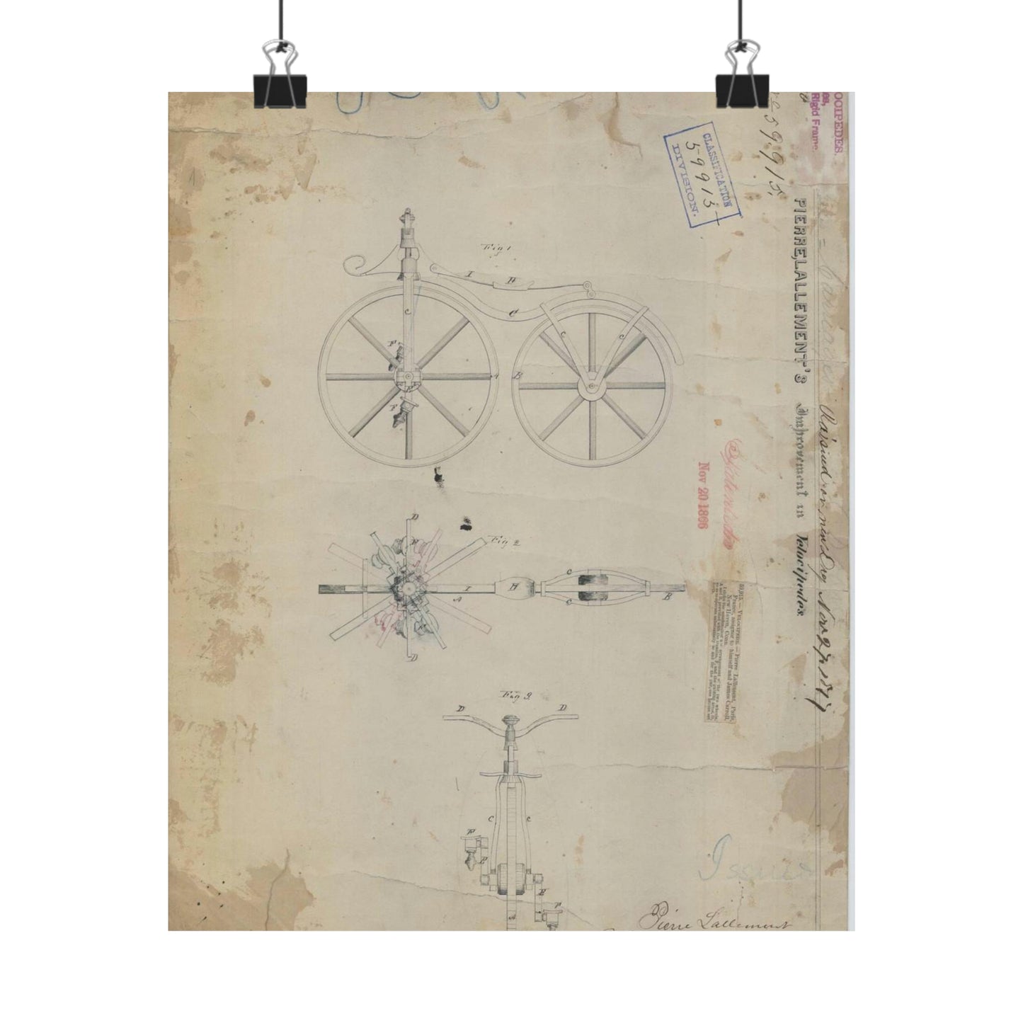 Patent drawing - for Pierre Lallement's Improvement in Velocipedes Public domain image High Quality Matte Wall Art Poster for Home, Office, Classroom