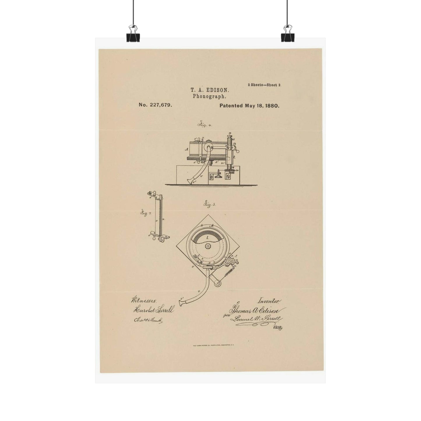 Patent Drawing of Engine - Drawing for a Phonograph Public domain image High Quality Matte Wall Art Poster for Home, Office, Classroom