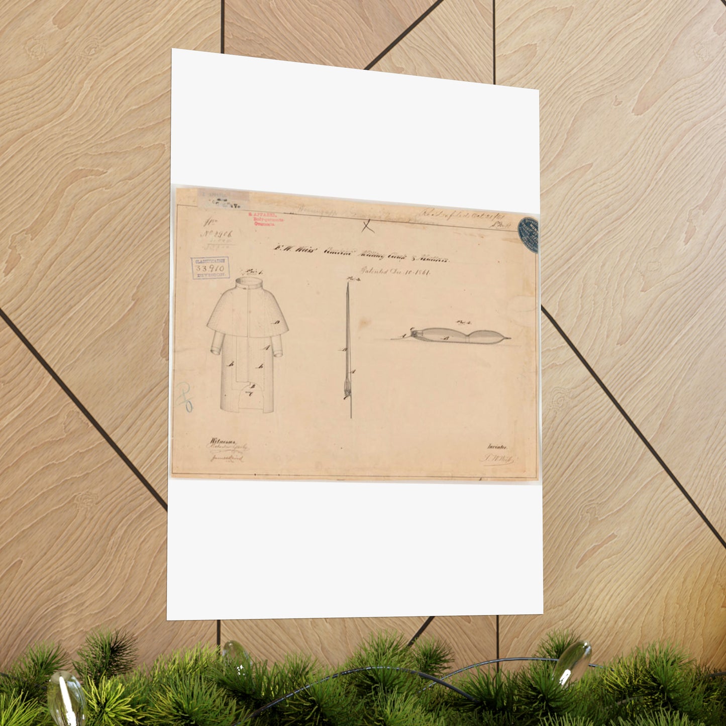 Patent drawing - Drawing of Combined Military Cloak and Mattress Public domain image High Quality Matte Wall Art Poster for Home, Office, Classroom