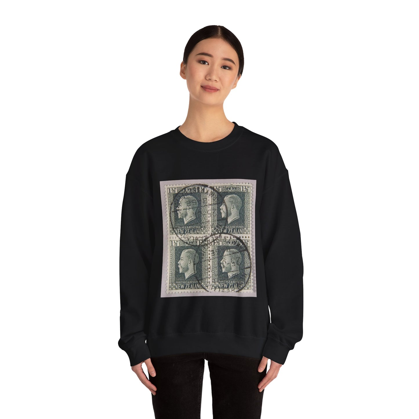 Block of one and a half penny 'King George V' definitive stamps in grey slate Black Heavy Blend Adult Crew Neck SweatShirt