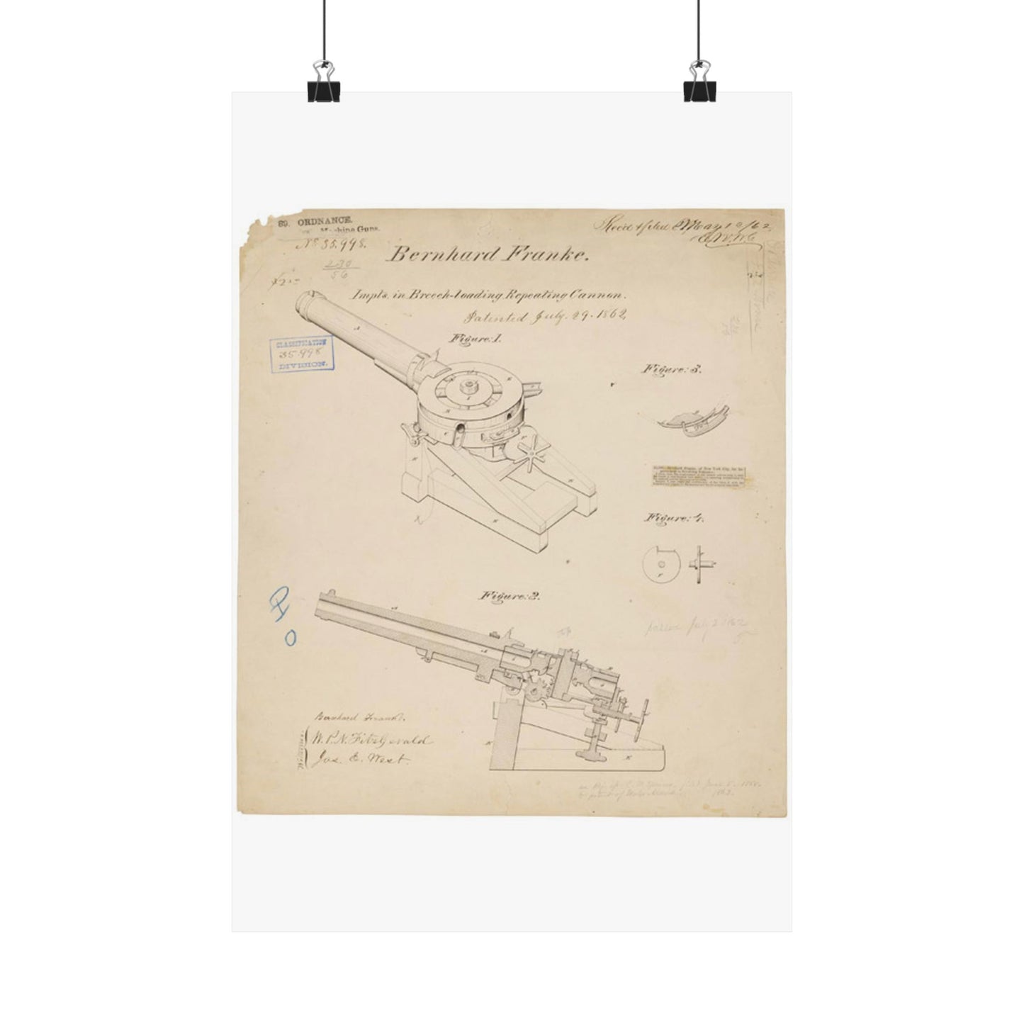 Patent drawing - Drawing of Improvements in Breech-Loading Repeating Cannon Public domain image High Quality Matte Wall Art Poster for Home, Office, Classroom