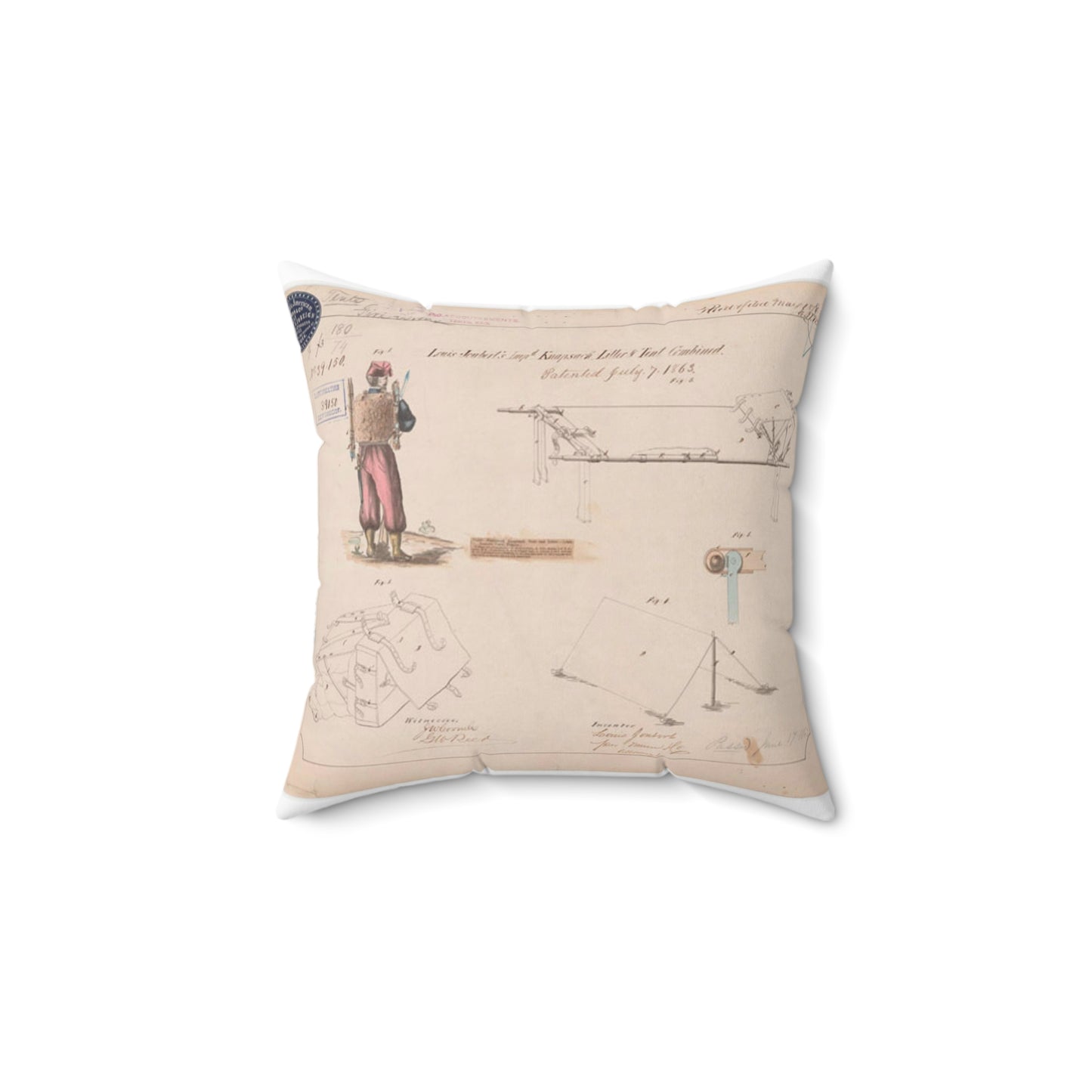 Patent drawing - Drawing of Improved Knapsack, Litter and Tent Combined Public domain image Decorative Accent Square Pillow