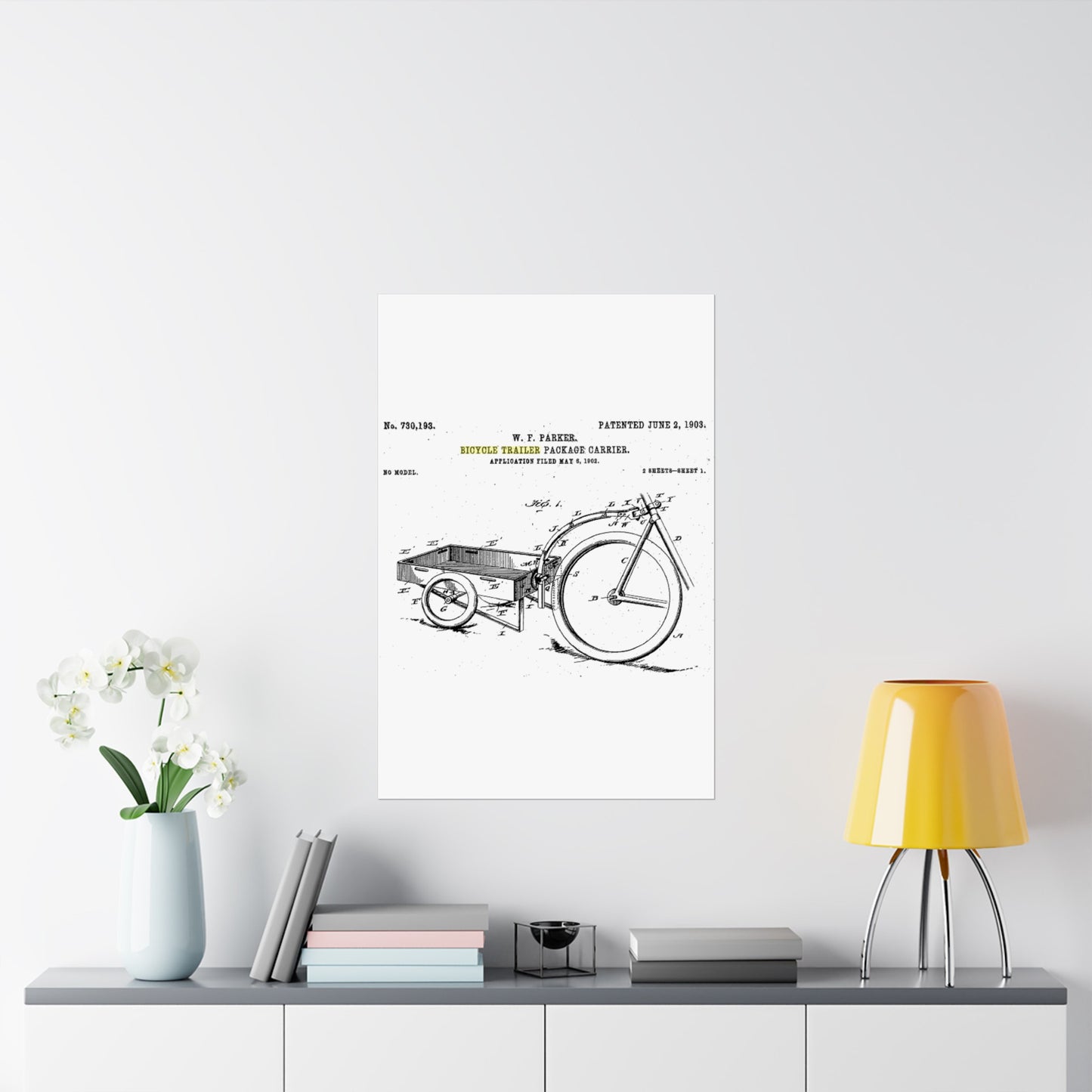 Patent Drawing of Engine - Bicycle Trailer Patent (1903) Public domain image High Quality Matte Wall Art Poster for Home, Office, Classroom