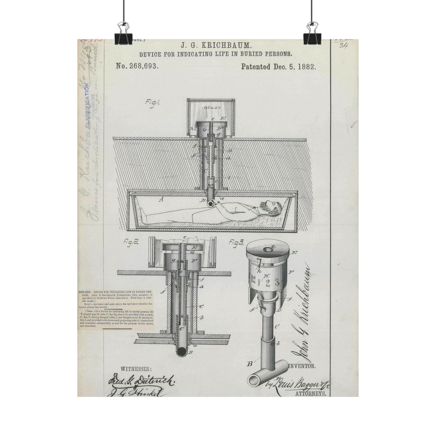 Patent drawing - for J. G. Krichbaum's Device for Indicating Life in Buried Persons Public domain image High Quality Matte Wall Art Poster for Home, Office, Classroom