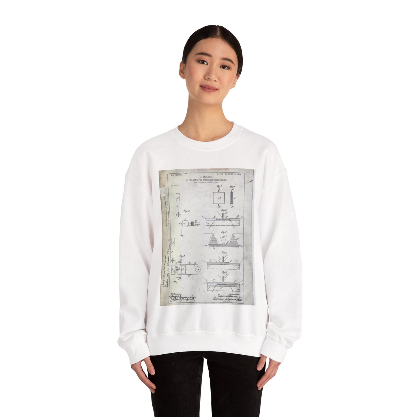 Patent drawing - for G. Marconi's Apparatus for Wireless Telegraphy Public domain image White Heavy Blend Adult Crew Neck SweatShirt