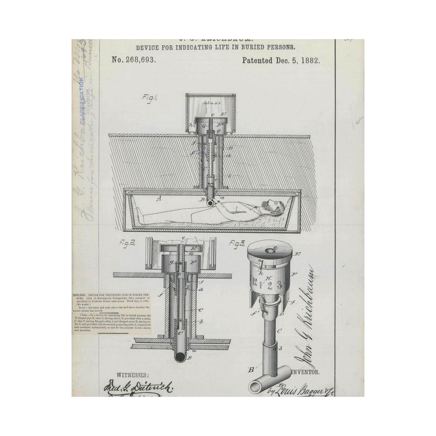 Patent drawing - for J. G. Krichbaum's Device for Indicating Life in Buried Persons Public domain image High Quality Matte Wall Art Poster for Home, Office, Classroom