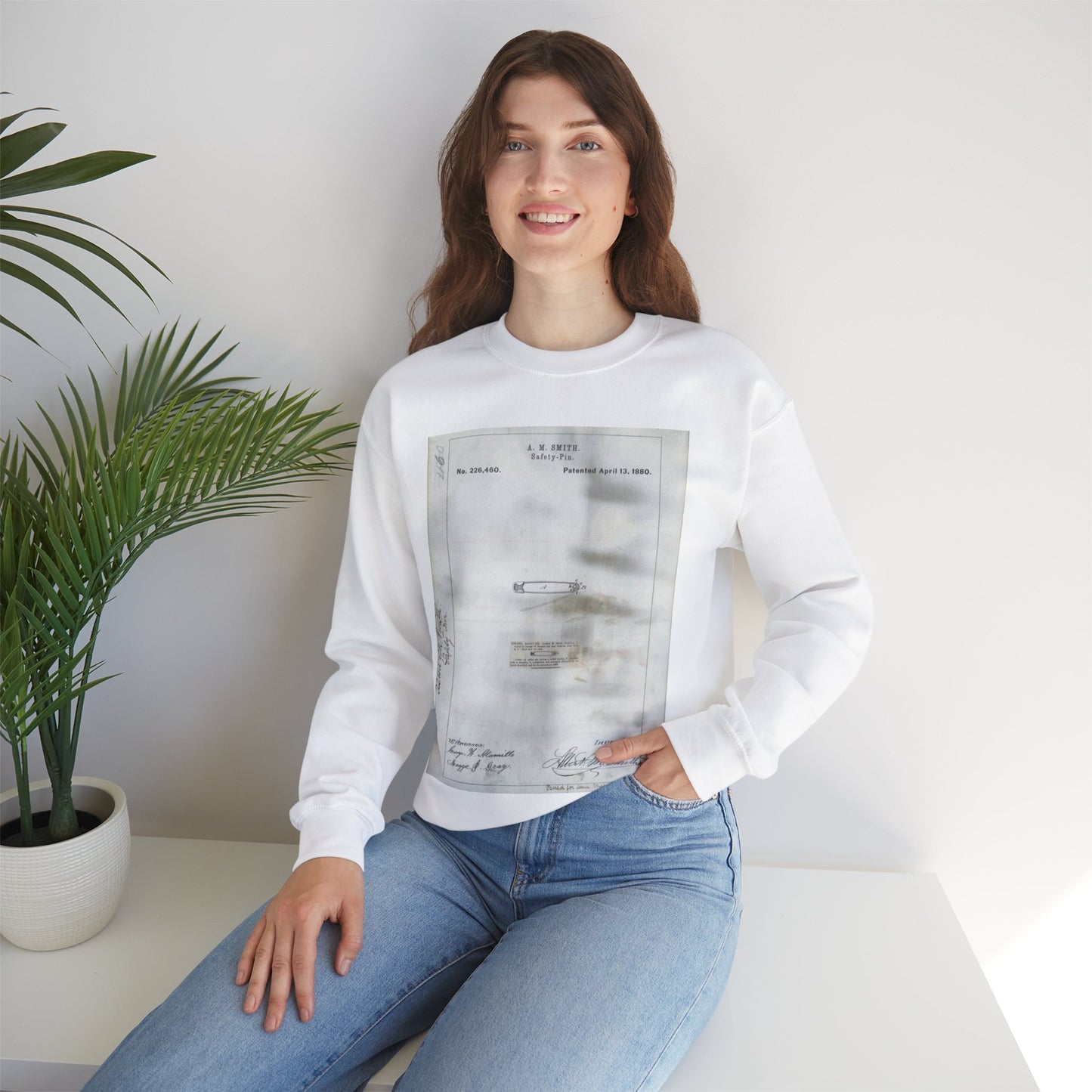 Patent drawing - for A. M. Smith's Safety Pin Public domain image White Heavy Blend Adult Crew Neck SweatShirt