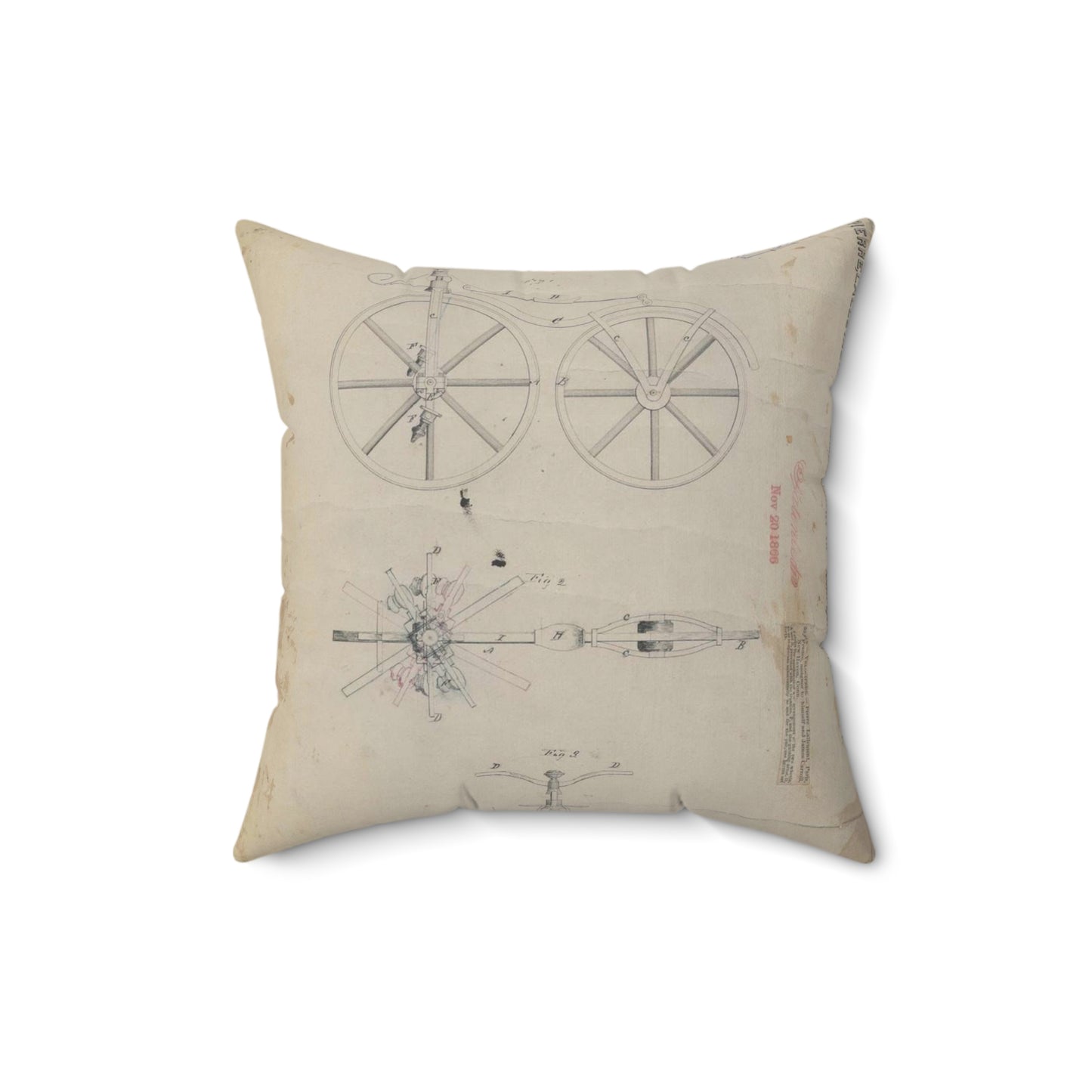 Patent drawing - for Pierre Lallement's Improvement in Velocipedes Public domain image Decorative Accent Square Pillow