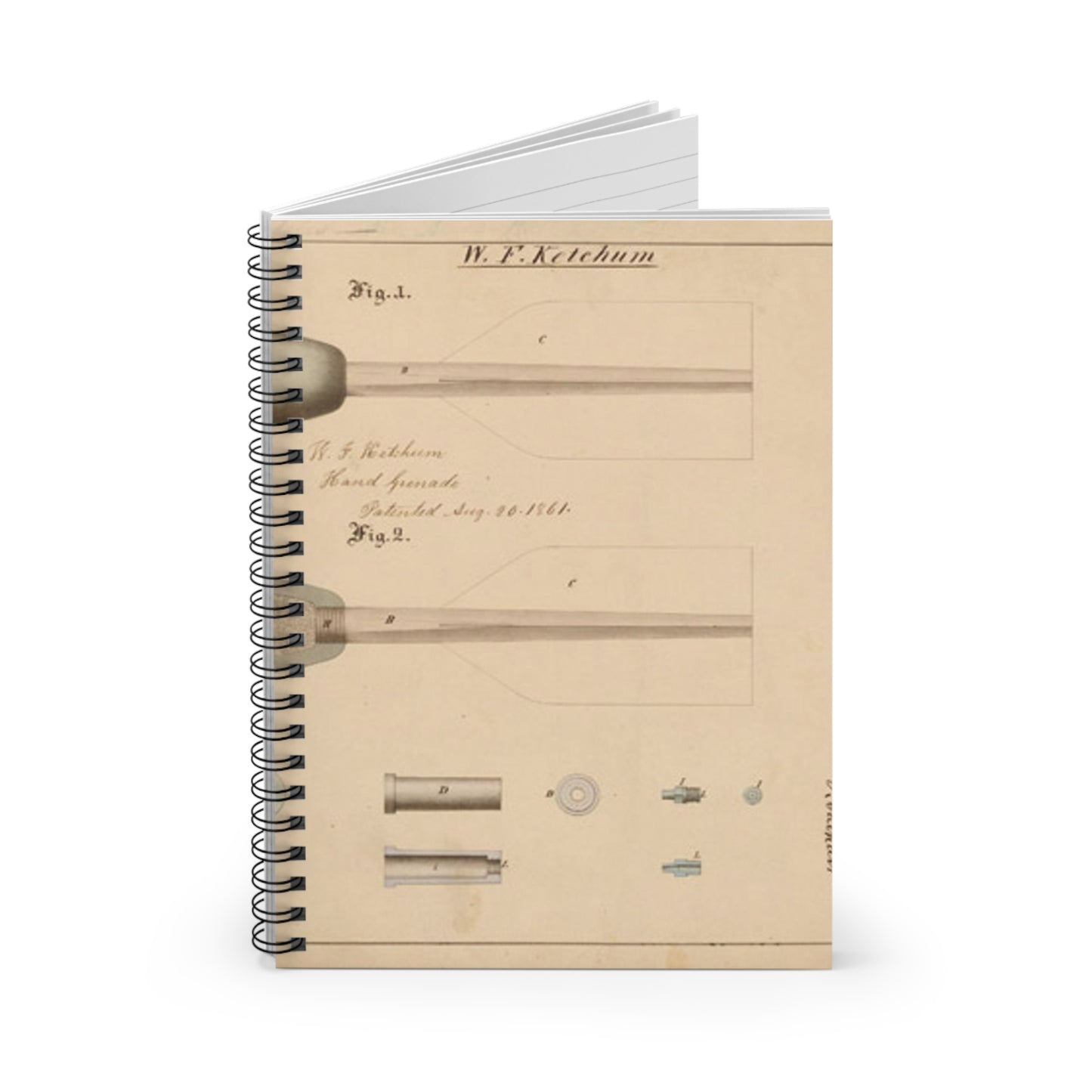 Patent Drawing of Engine - Drawing of Hand Grenade Public domain image Spiral Bound Ruled Notebook with Printed Cover