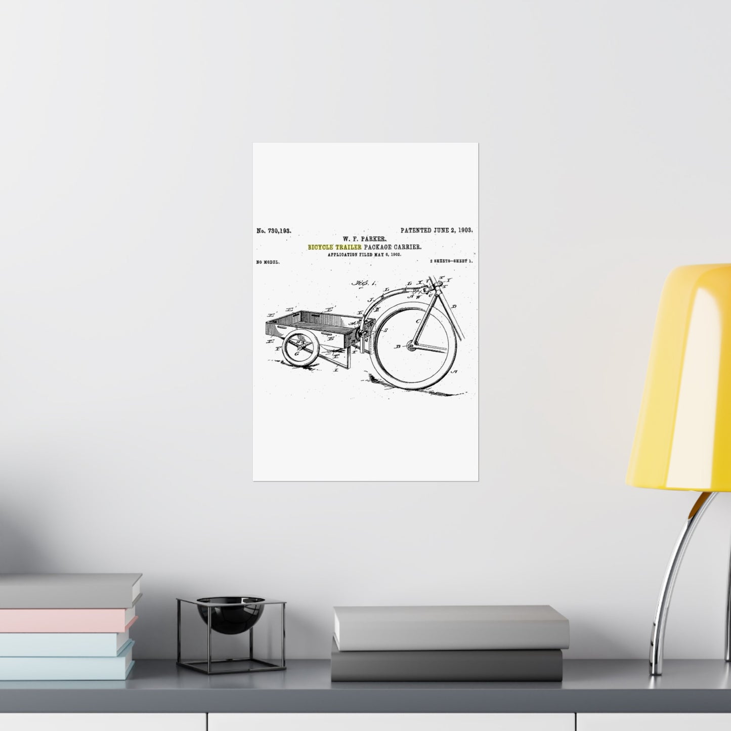 Patent Drawing of Engine - Bicycle Trailer Patent (1903) Public domain image High Quality Matte Wall Art Poster for Home, Office, Classroom
