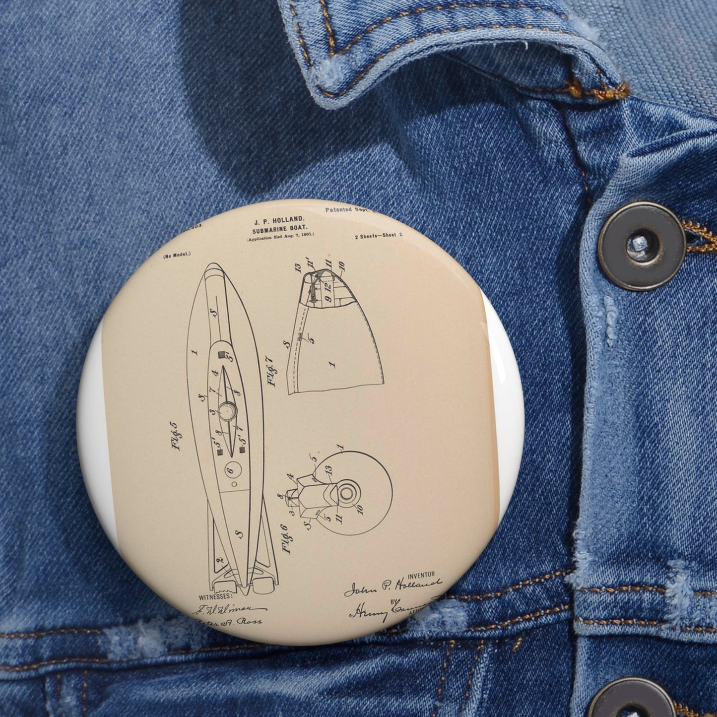 Patent drawing - Drawing for a Submarine Boat Public domain image Pin Buttons with Crisp Design