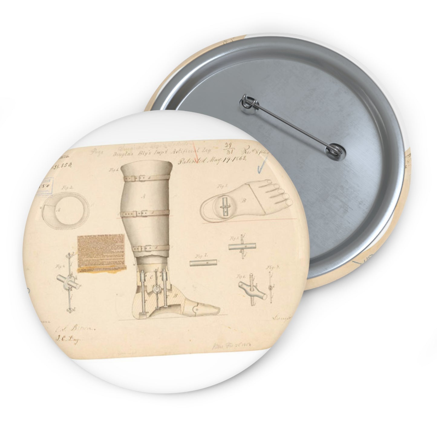 Patent drawing - Drawing of Improved Artificial Leg Public domain image Pin Buttons with Crisp Design