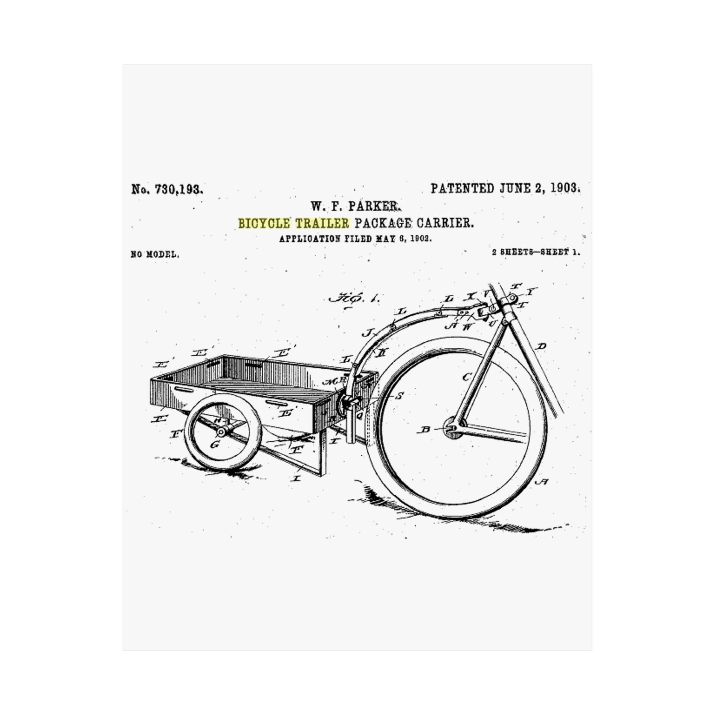 Patent Drawing of Engine - Bicycle Trailer Patent (1903) Public domain image High Quality Matte Wall Art Poster for Home, Office, Classroom