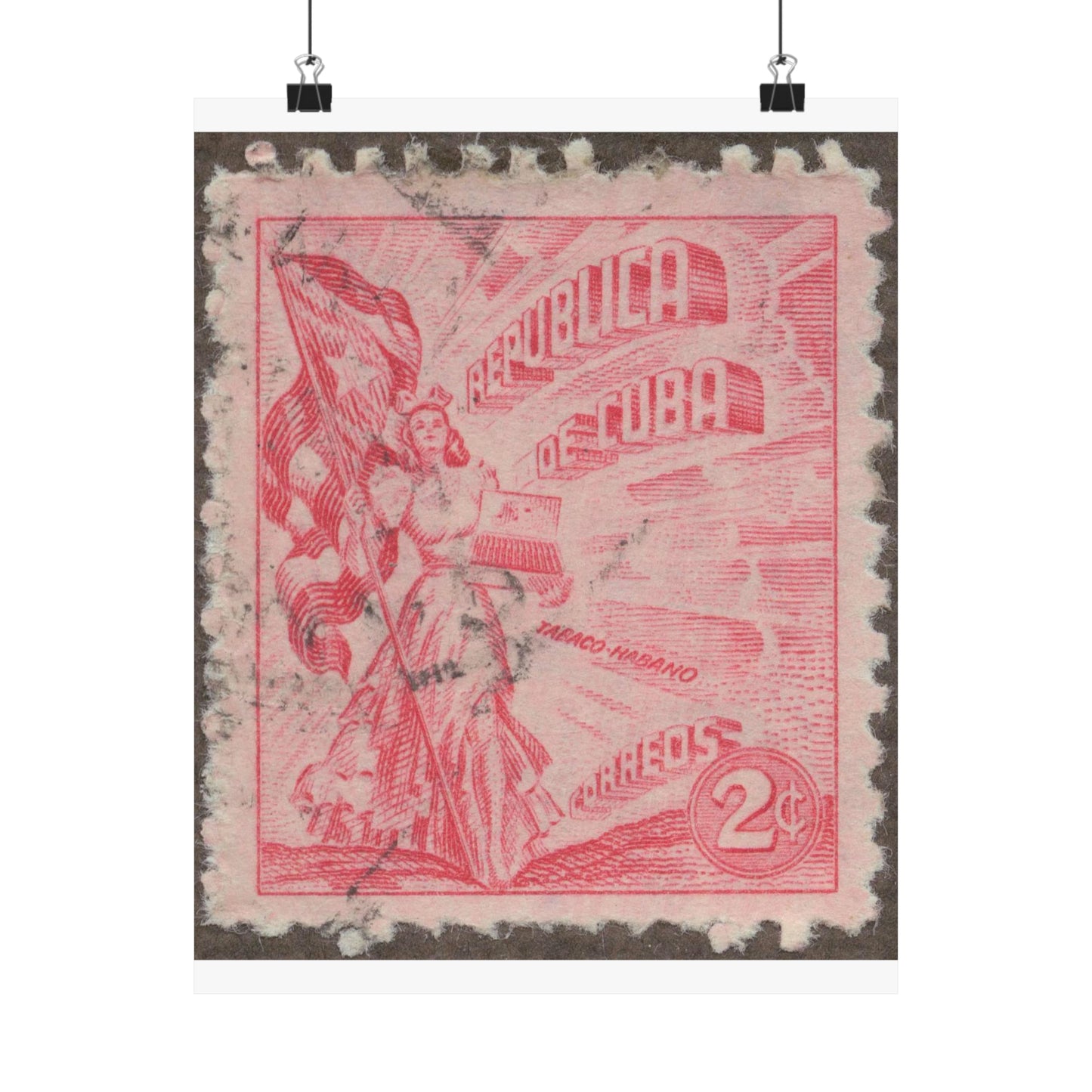 Frimärke ur Gösta Bodmans filatelistiska motivsamling, påbörjad 1950.Frimärke från Cuba, 1948. Motiv av kvinnosymbol för friheten med cigrarrlåda och flagga. High Quality Matte Wall Art Poster for Home, Office, Classroom