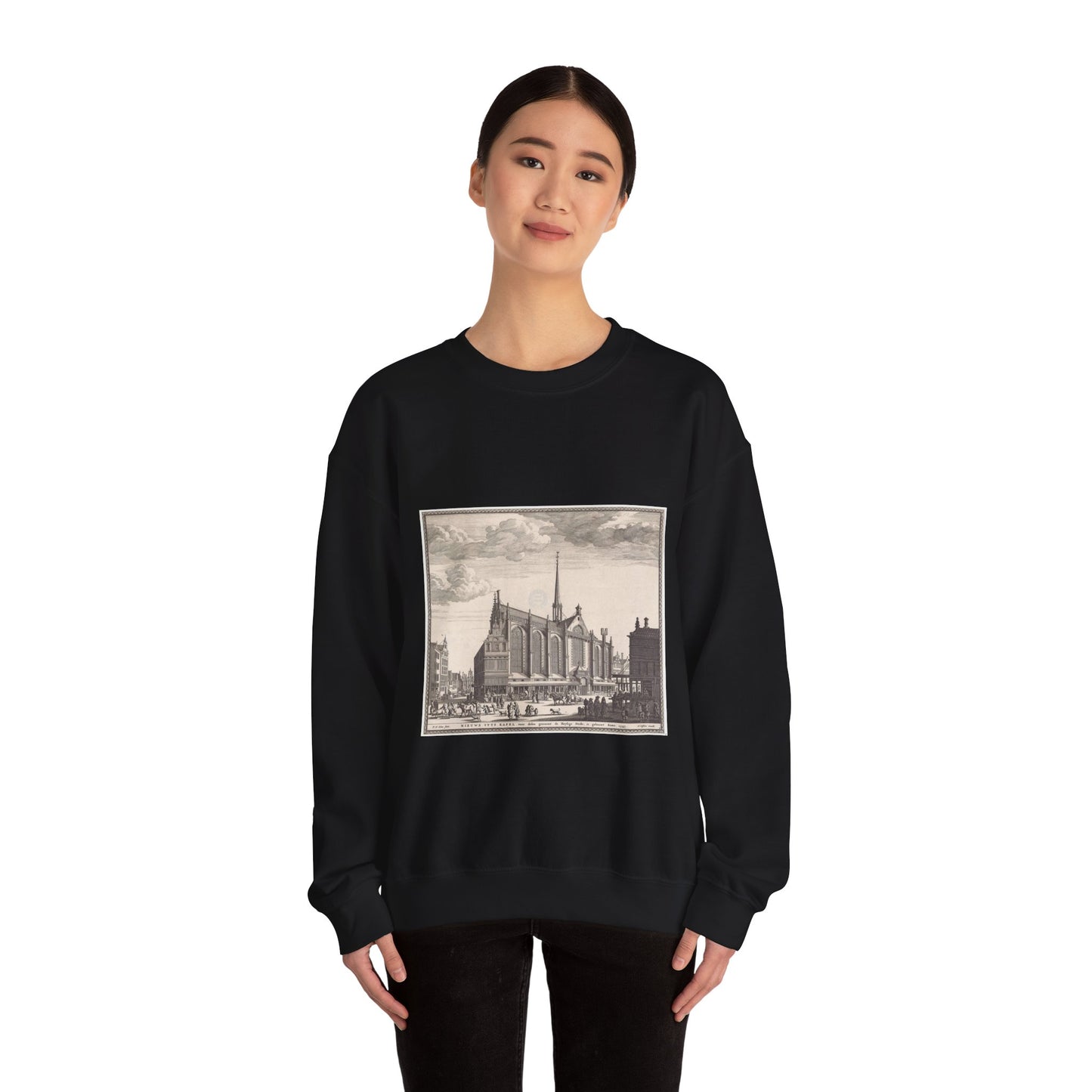 Gezicht op de Heilige Stede (Nieuwezijds Kapel) te Amsterdam Black Heavy Blend Adult Crew Neck SweatShirt