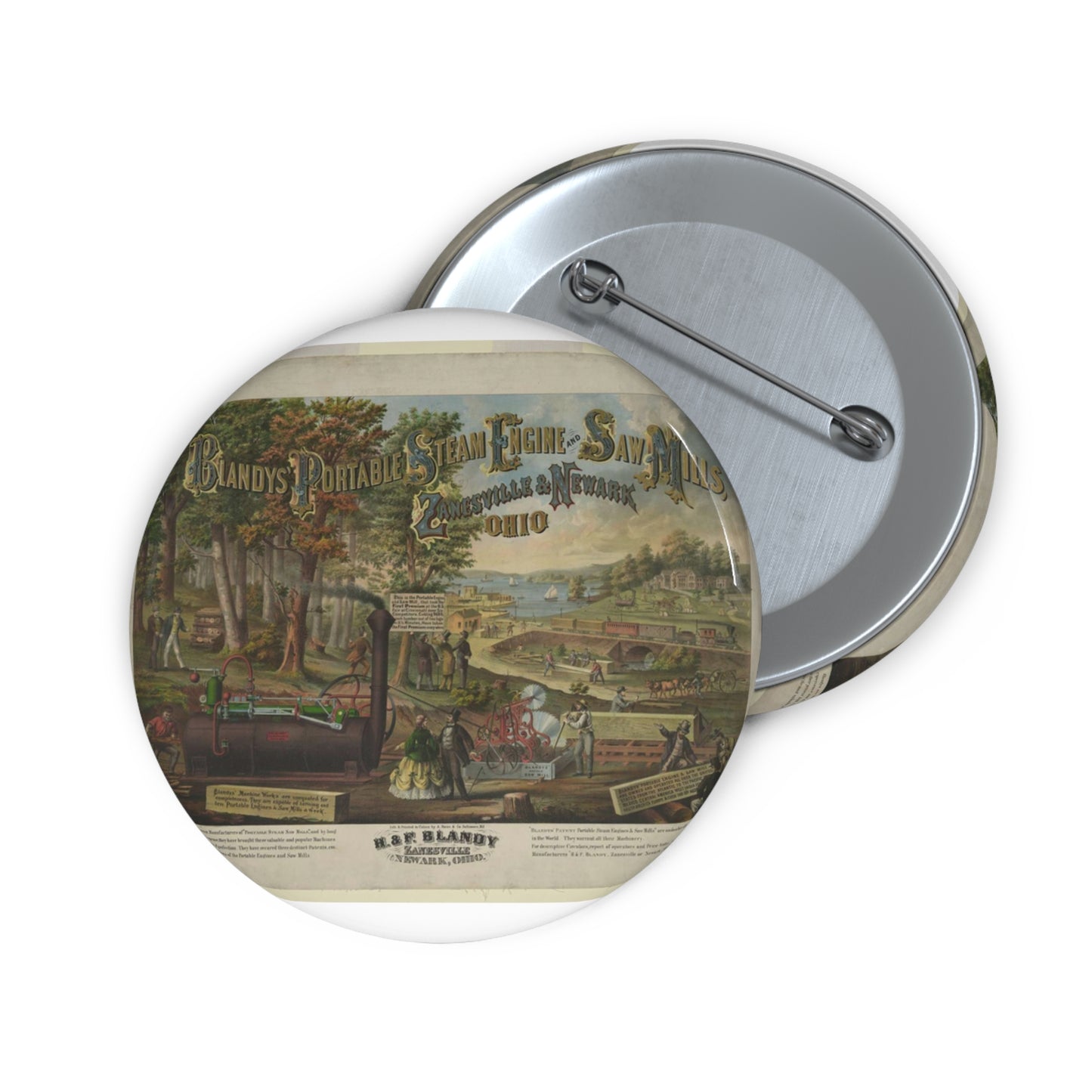 Blandy's portable steam engine and saw mills, Zanesville & Newark Ohio Pin Buttons with Crisp Design