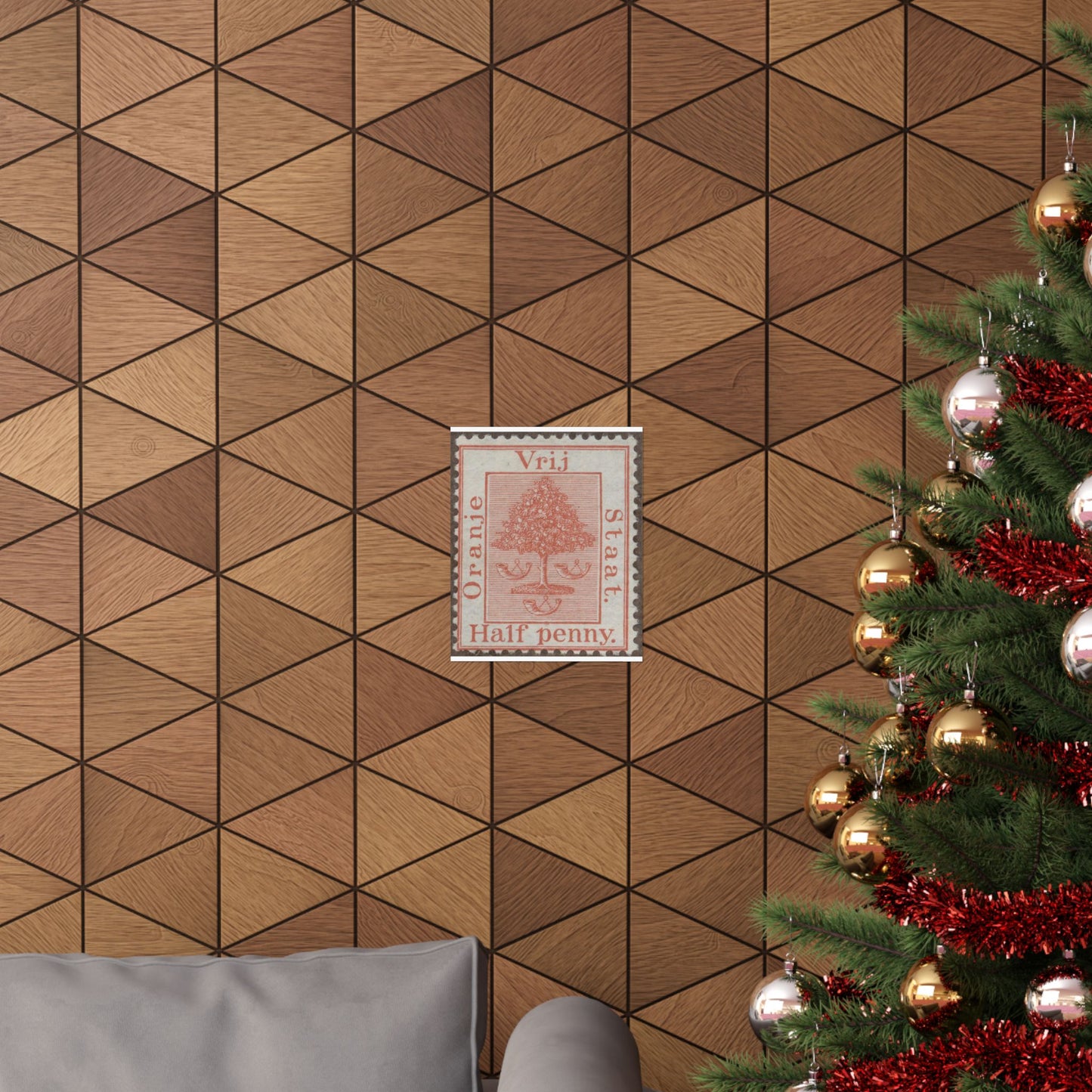 Frimärke ur Gösta Bodmans filatelistiska motivsamling, påbörjad 1950.Frimärke från Oranje -Fristaten. Motiv av apelsinträd med frukter och posthorn. High Quality Matte Wall Art Poster for Home, Office, Classroom