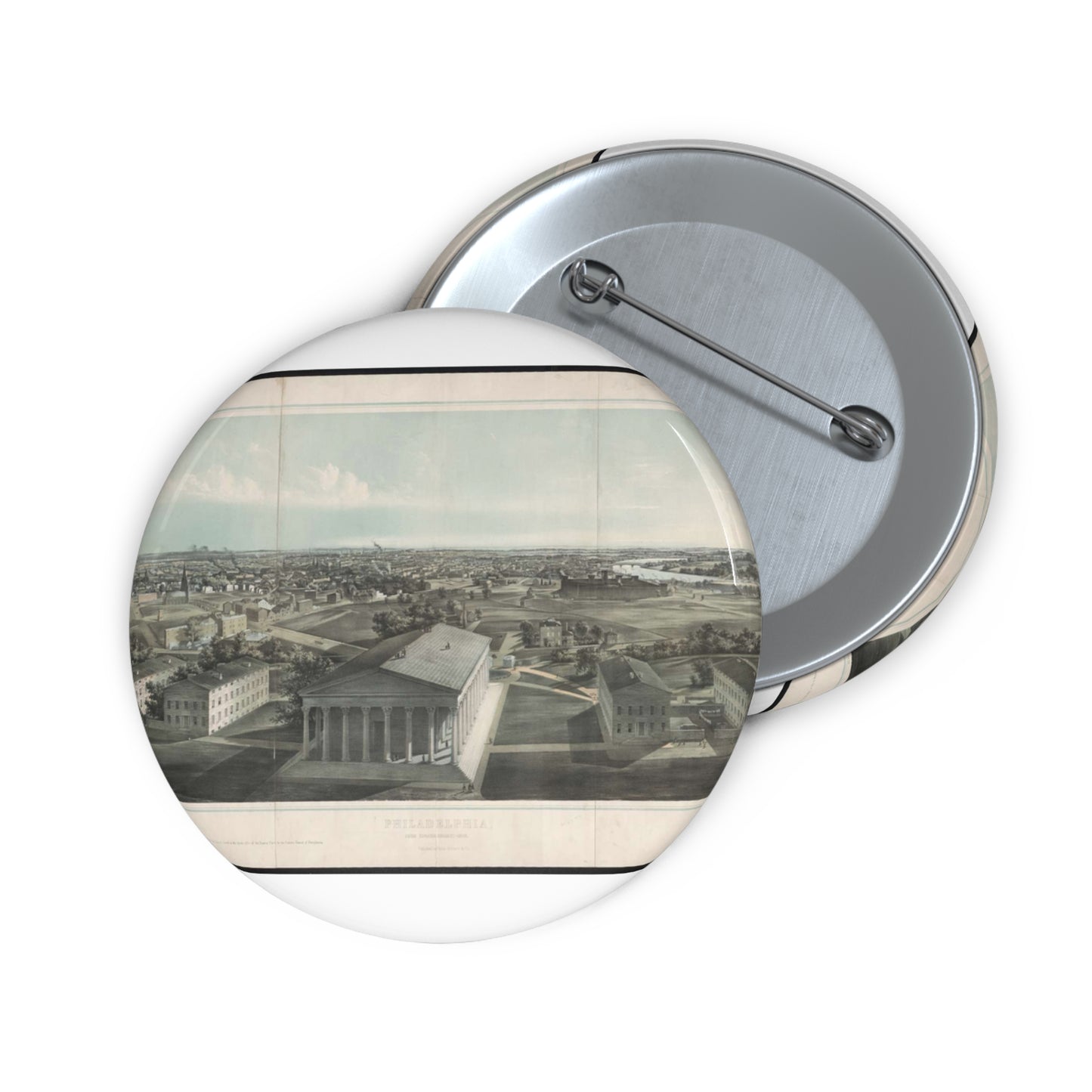 Philadelphia, from Girard College-1850 / J. W. Hill & Smith, del. ; lith. par B. F. Smith Jr. ; printed in tints by F. Michelin. Pin Buttons with Crisp Design