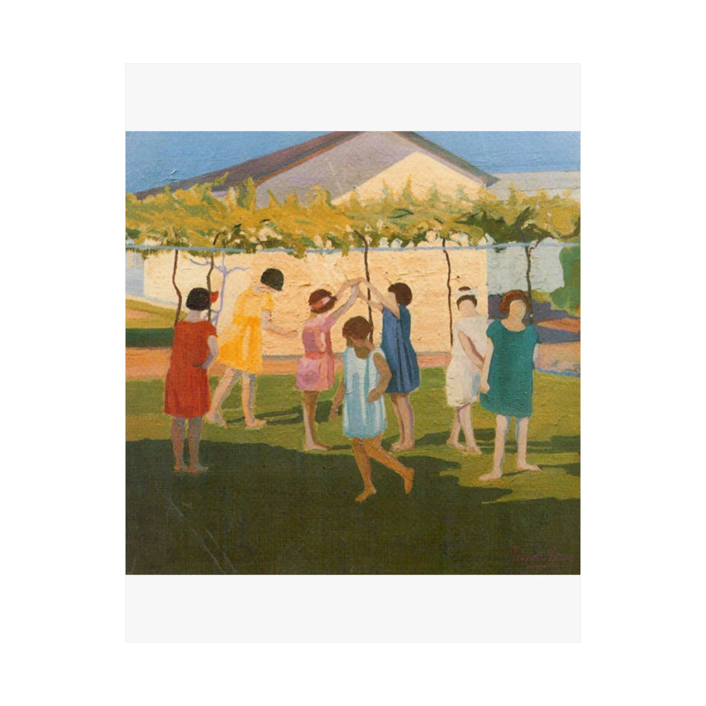 Petrona Viera - A painting of a group of children playing with a kite High Quality Matte Wall Art Poster for Home, Office, Classroom