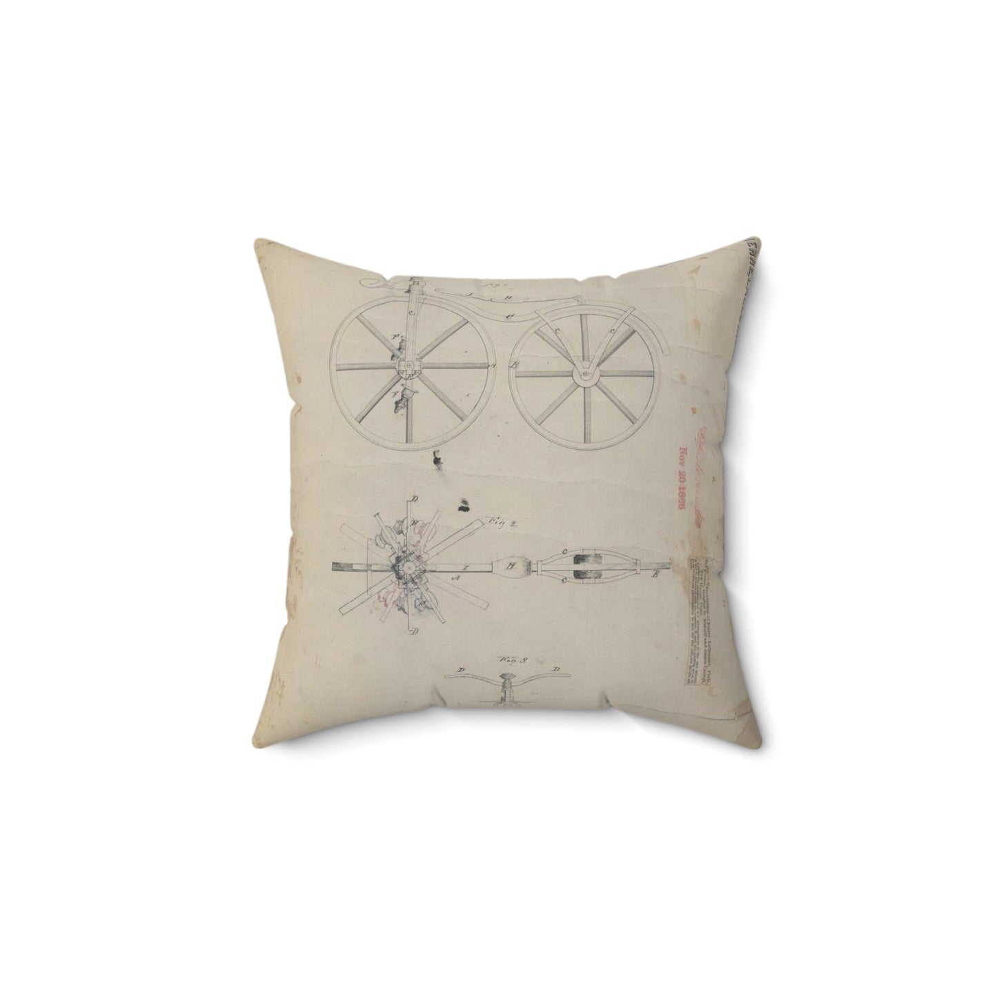 Patent drawing - for Pierre Lallement's Improvement in Velocipedes Public domain image Decorative Accent Square Pillow
