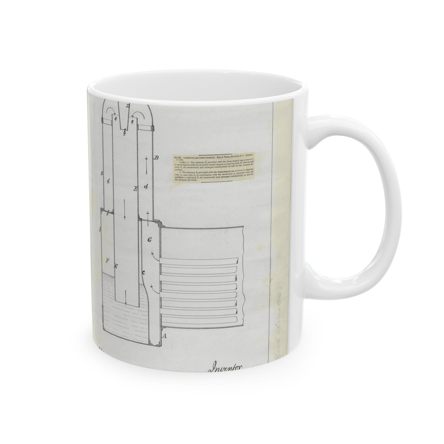 Patent Drawing of Engine - for M. E. Walton's Locomotive and Other Chimneys Public domain image Beautiful Novelty Ceramic Coffee Mug 11oz