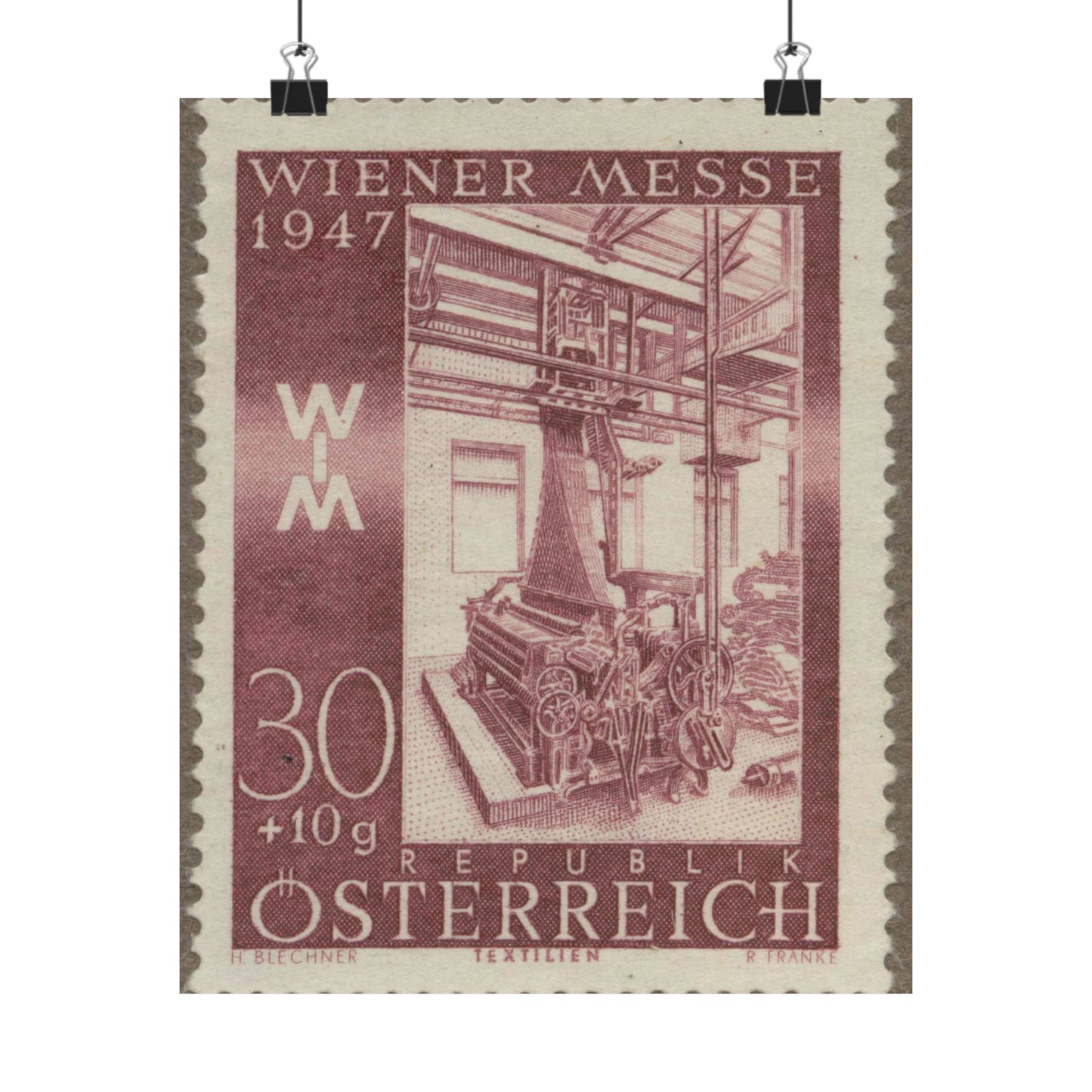 Frimärke ur Gösta Bodmans filatelistiska motivsamling, påbörjad 1950.Frimärke från Österrike, 1947. Motiv av jacquardvävstol i Österrike 1947. "Wienermässan 1947" High Quality Matte Wall Art Poster for Home, Office, Classroom