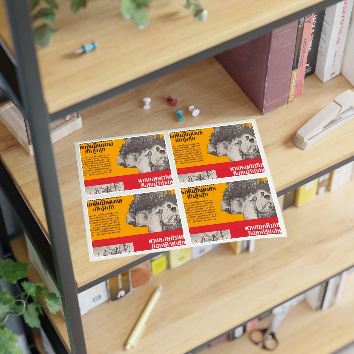 Communist Threat to Religion - A red and yellow poster with pictures of people Laminated UV Protective Vinyl Stickers