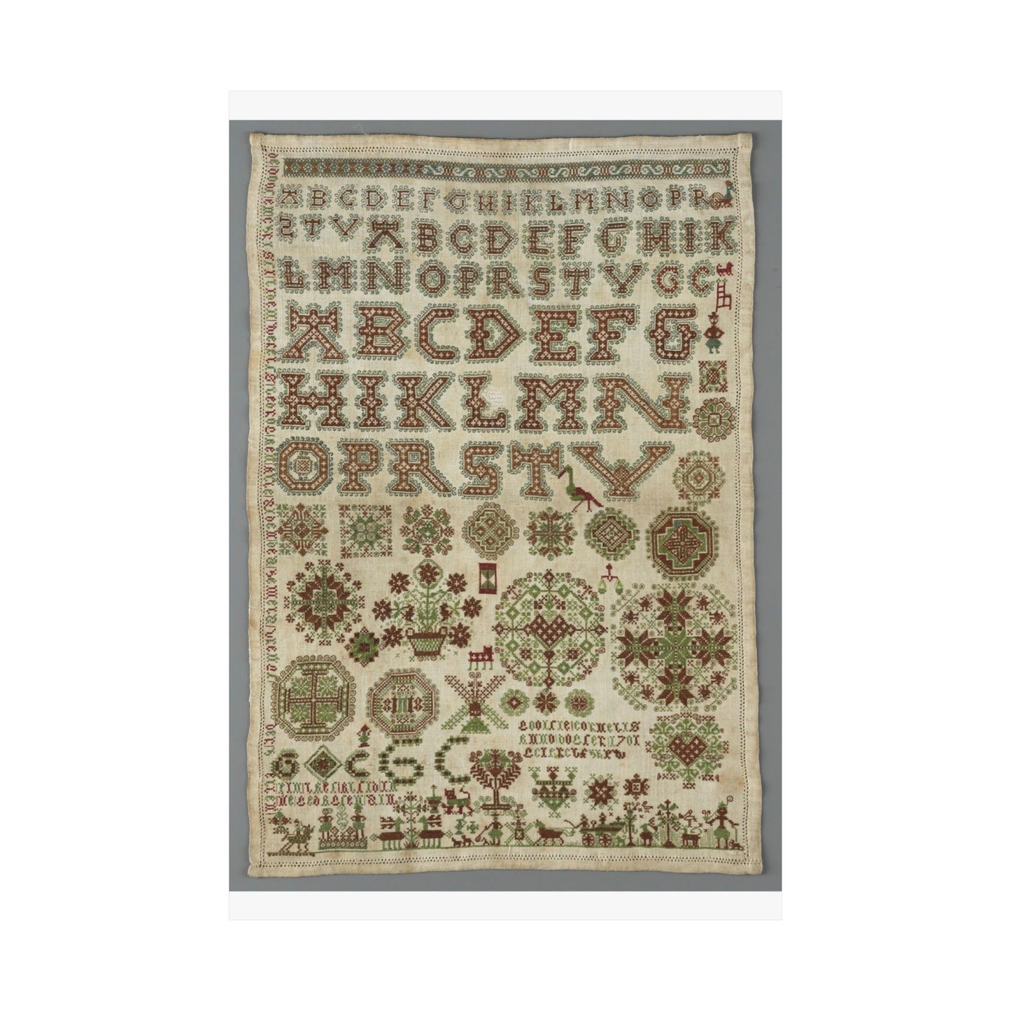 Signed and Dated Linen Sampler with Silk Embroidery High Quality Matte Wall Art Poster for Home, Office, Classroom