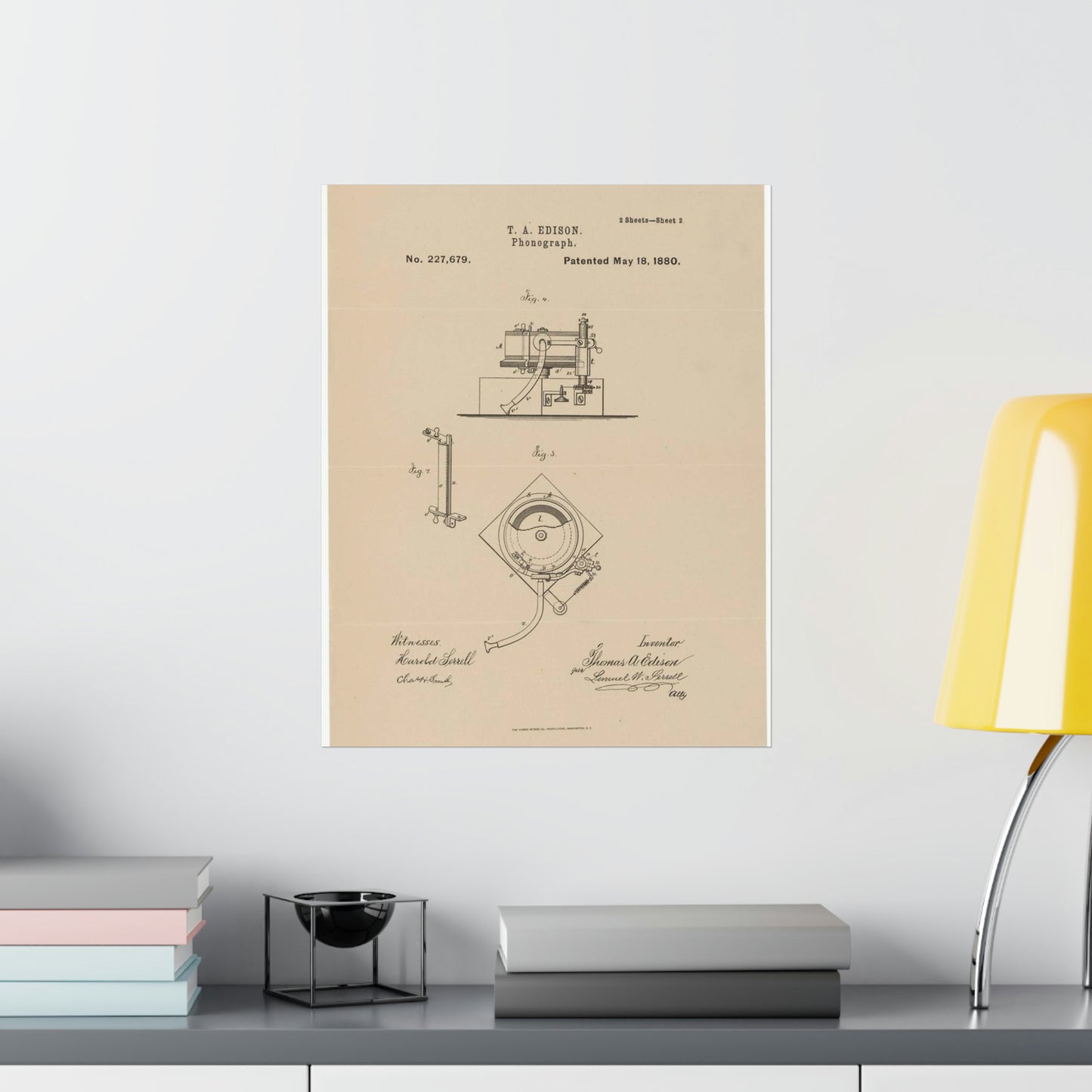Patent Drawing of Engine - Drawing for a Phonograph Public domain image High Quality Matte Wall Art Poster for Home, Office, Classroom