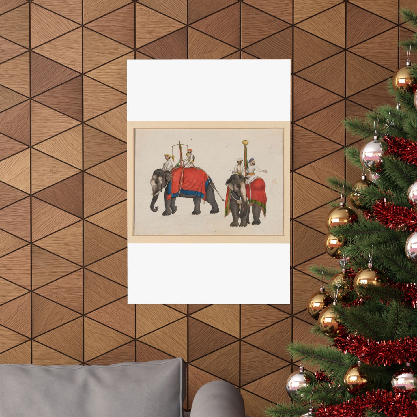 Two elephants carrying the fish and sun insignia of Mughal sovereignty High Quality Matte Wall Art Poster for Home, Office, Classroom