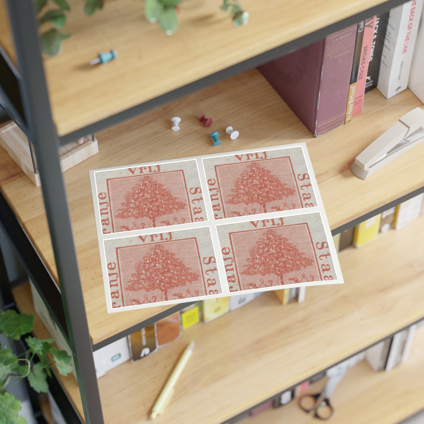 Frimärke ur Gösta Bodmans filatelistiska motivsamling, påbörjad 1950.Frimärke från Oranje -Fristaten. Motiv av apelsinträd med frukter och posthorn. Laminated UV Protective Vinyl Stickers