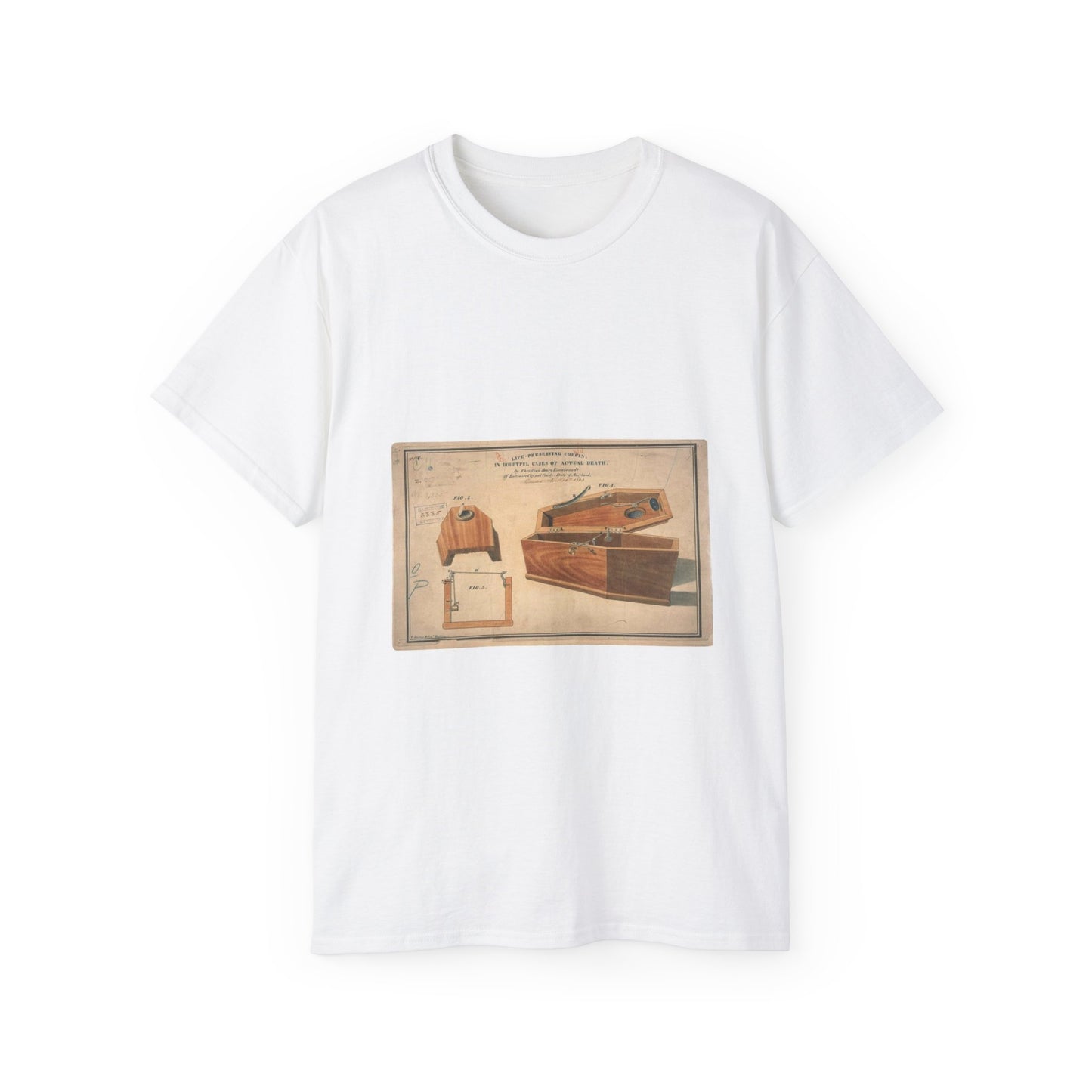 Patent drawing - Drawing for a Life - Preserving Coffin Public domain image White T-Shirt Gildan 2000 Cotton Unisex