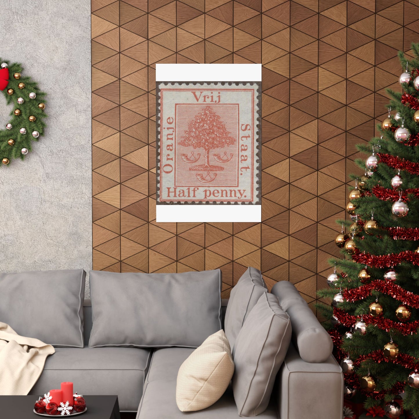 Frimärke ur Gösta Bodmans filatelistiska motivsamling, påbörjad 1950.Frimärke från Oranje -Fristaten. Motiv av apelsinträd med frukter och posthorn. High Quality Matte Wall Art Poster for Home, Office, Classroom