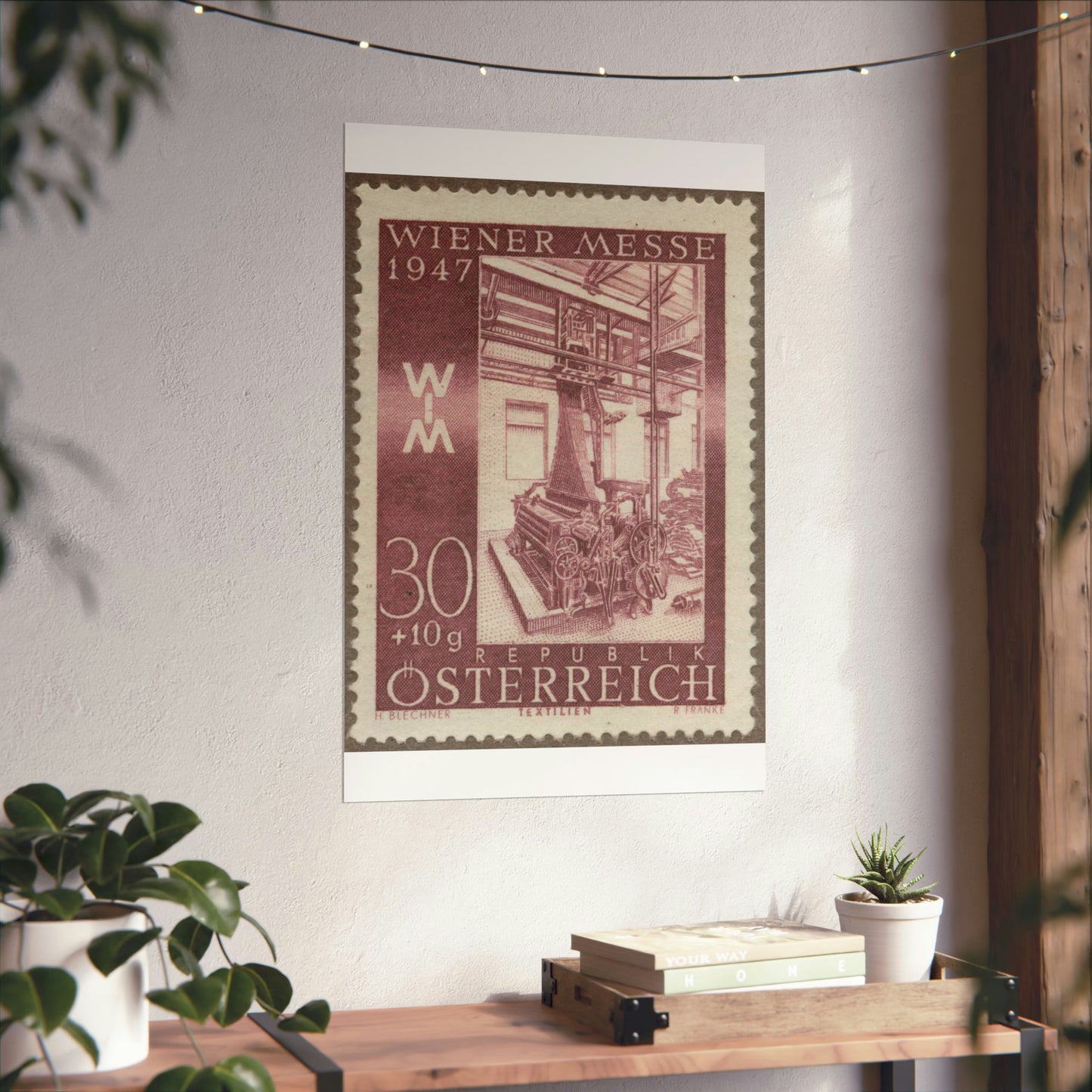 Frimärke ur Gösta Bodmans filatelistiska motivsamling, påbörjad 1950.Frimärke från Österrike, 1947. Motiv av jacquardvävstol i Österrike 1947. "Wienermässan 1947" High Quality Matte Wall Art Poster for Home, Office, Classroom