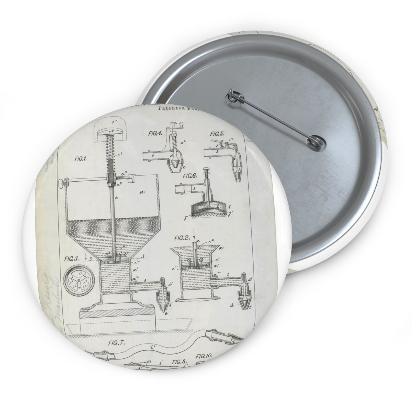 Patent Drawing of Engine - for H. Hueg's Cake Machine Public domain image Pin Buttons with Crisp Design