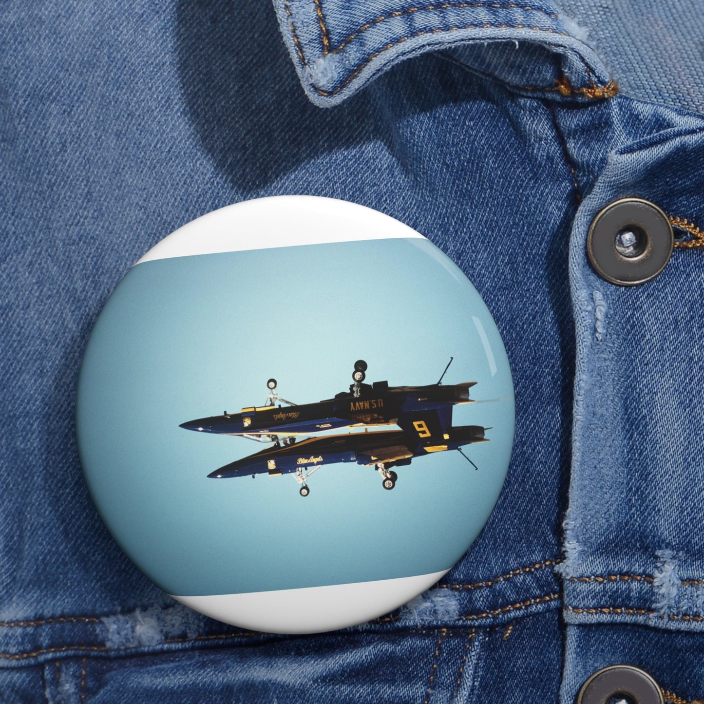 Two F/A-18A Hornet aircraft of the Blue Angels Flight Demonstration Squadron execute the Fortus maneuver during an air show Pin Buttons with Crisp Design