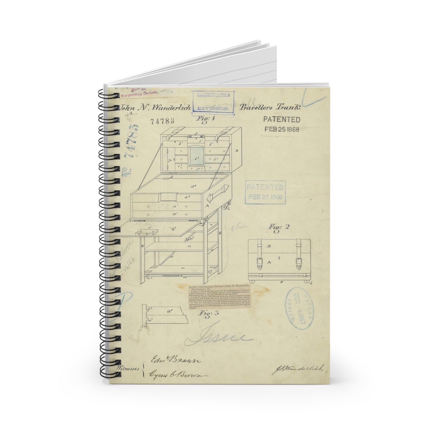 Patent Drawing of Engine - Drawing of a Travelers Trunk Public domain image Spiral Bound Ruled Notebook with Printed Cover