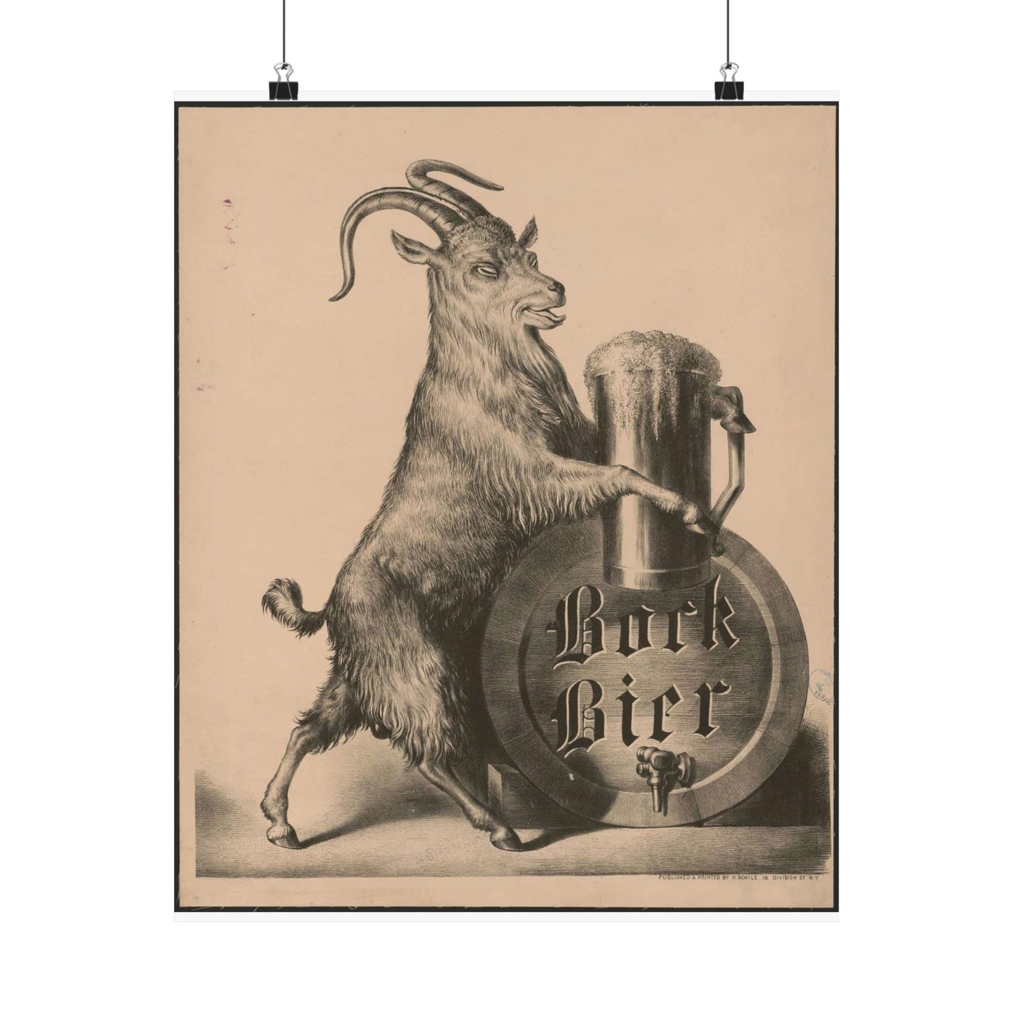 Bock Bier goat on hind legs, holding large mug of beer with front hooves High Quality Matte Wall Art Poster for Home, Office, Classroom