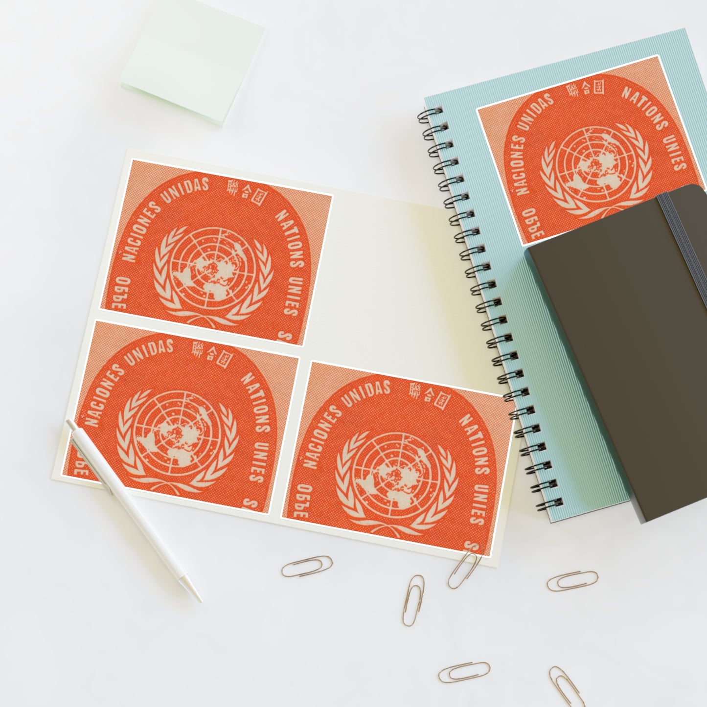 Frimärke ur Gösta Bodmans filatelistiska motivsamling, påbörjad 1950.Frimärke från Nations Unies 1958. Motiv av F. N.- märket. Laminated UV Protective Vinyl Stickers