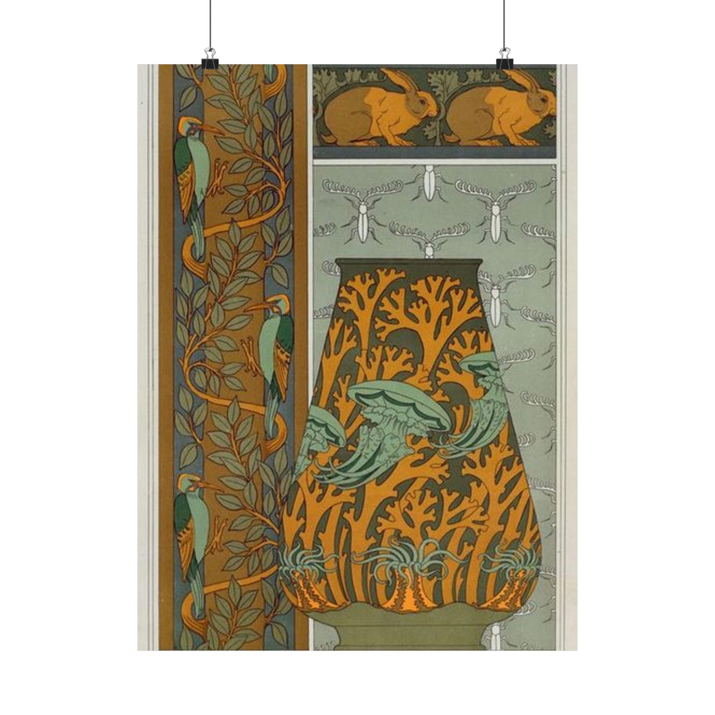 Piverts et arbre, bordure verticale. Lapins et feuilles, bordure. Méduses, anémones de mer et algues, vase. Insectes, jeu de fond. High Quality Matte Wall Art Poster for Home, Office, Classroom