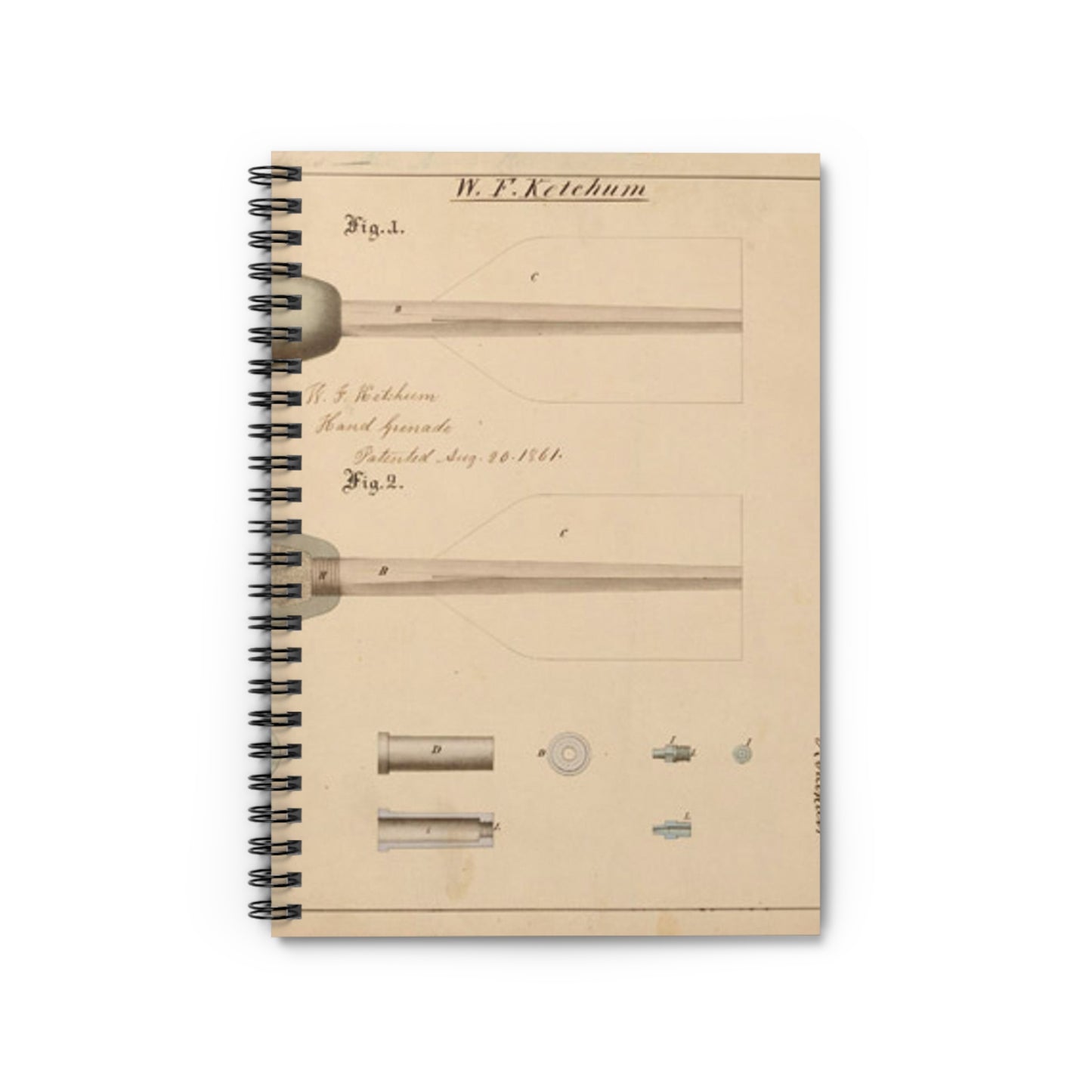 Patent Drawing of Engine - Drawing of Hand Grenade Public domain image Spiral Bound Ruled Notebook with Printed Cover