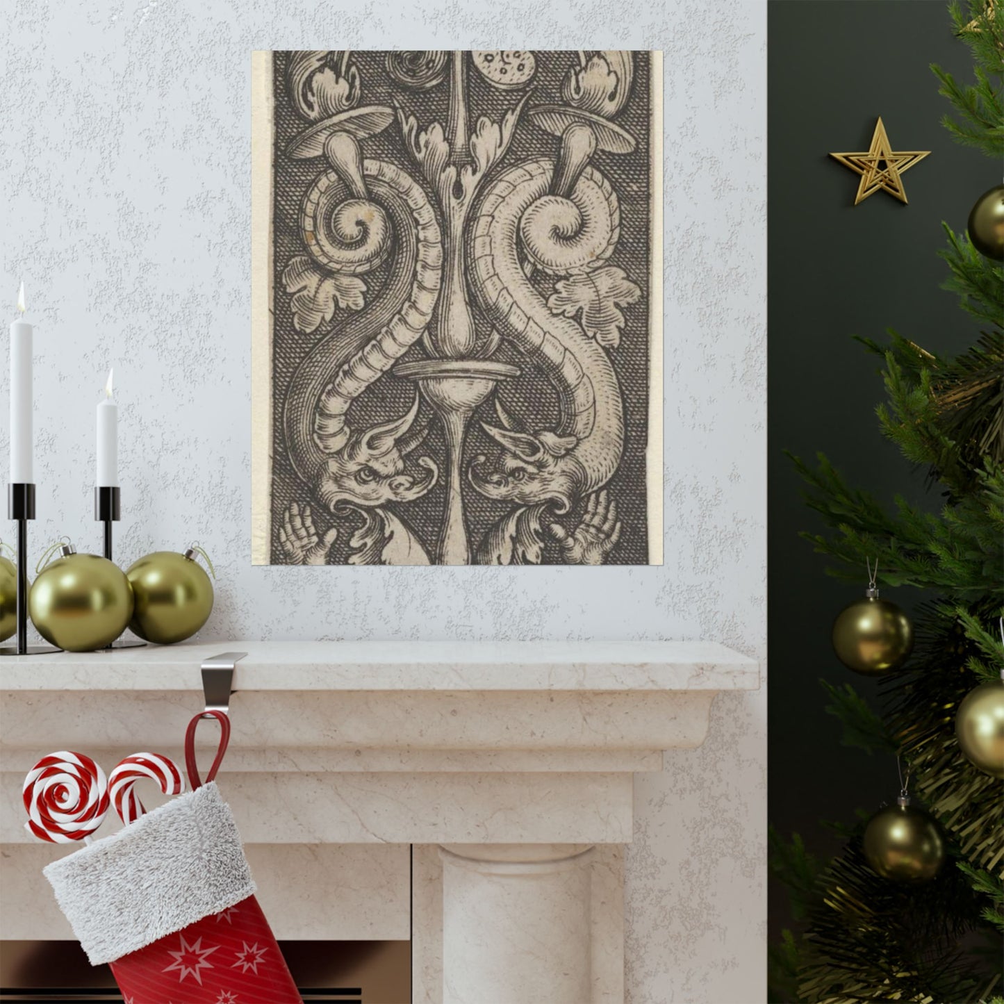 Vertical Panel with a Candelabrum Stemming from a Leaf-Faced Grostesque at Bottom High Quality Matte Wall Art Poster for Home, Office, Classroom