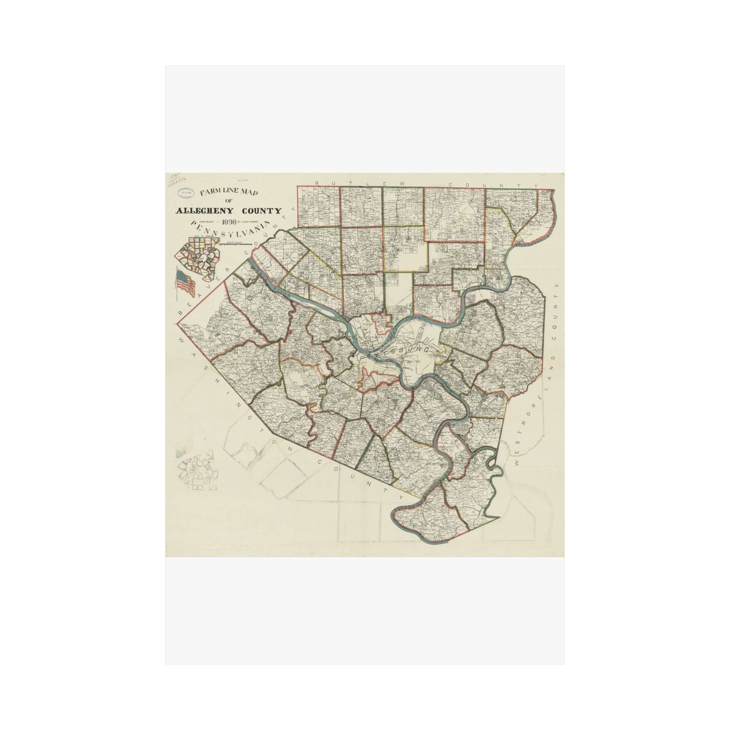 Farm line map of Allegheny County, Pennsylvania / High Quality Matte Wall Art Poster for Home, Office, Classroom