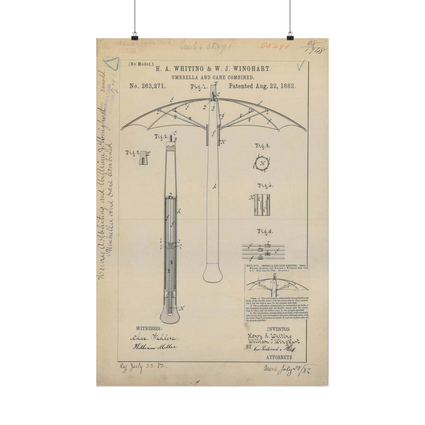 Patent drawing - for H. A. Whiting and W. J. Winghart's Umbrella and Cane Combined Public domain image High Quality Matte Wall Art Poster for Home, Office, Classroom