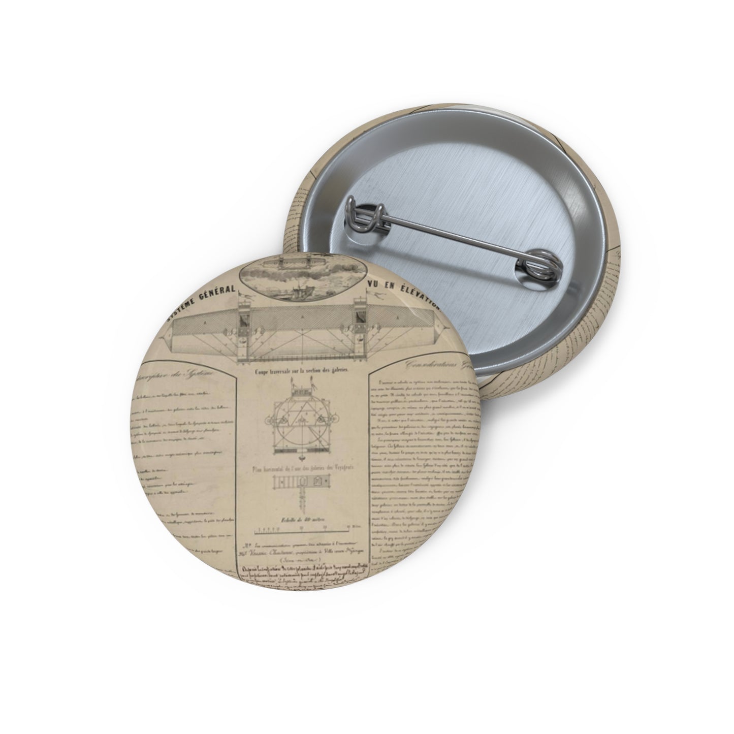 Patent drawing - Aérostat dirigeable système Vaussin Chardanne, brevet ... Nouveaux procédés de direction aérienne présenté à lʹInstitut de France, 1852 Public domain image Pin Buttons with Crisp Design