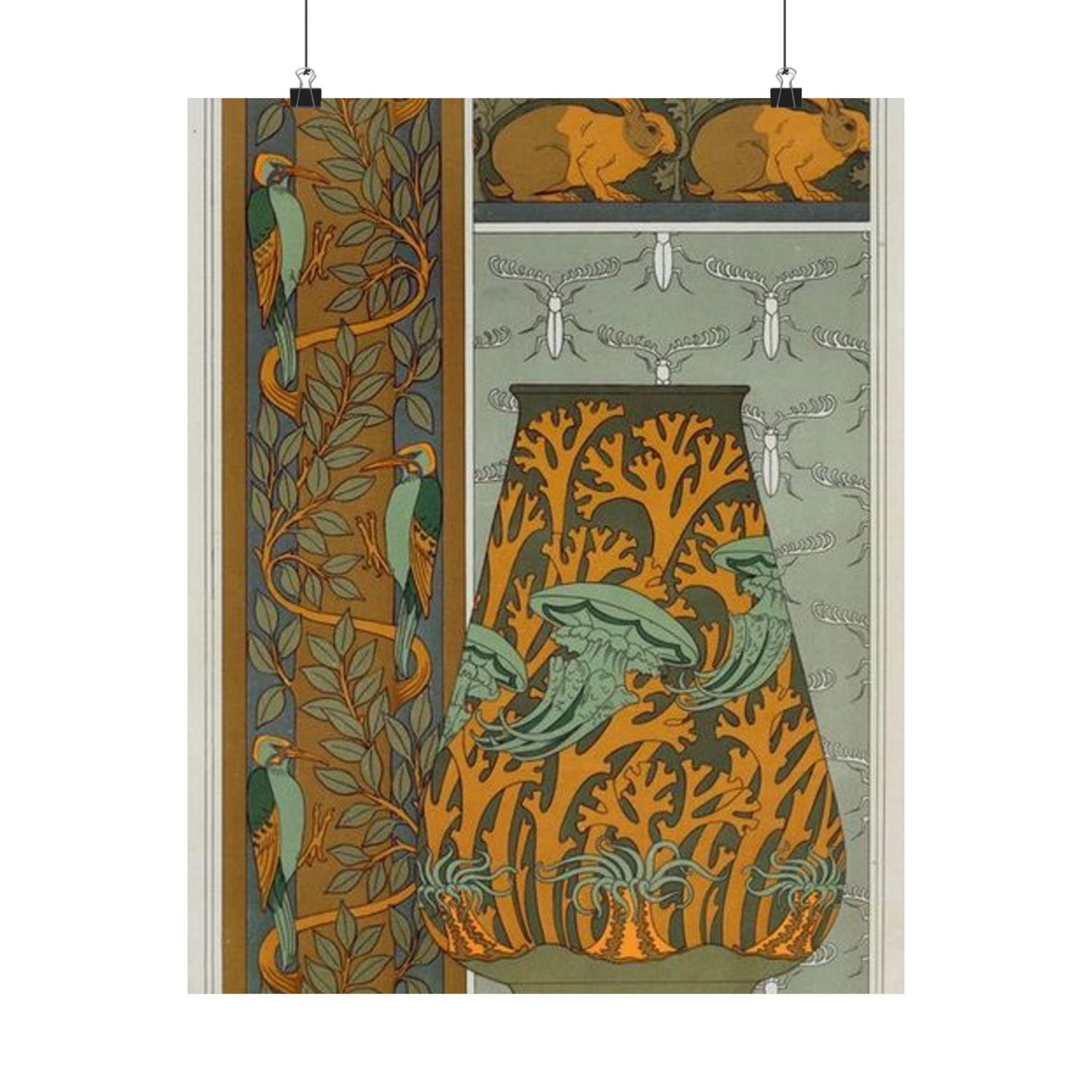 Piverts et arbre, bordure verticale. Lapins et feuilles, bordure. Méduses, anémones de mer et algues, vase. Insectes, jeu de fond. High Quality Matte Wall Art Poster for Home, Office, Classroom