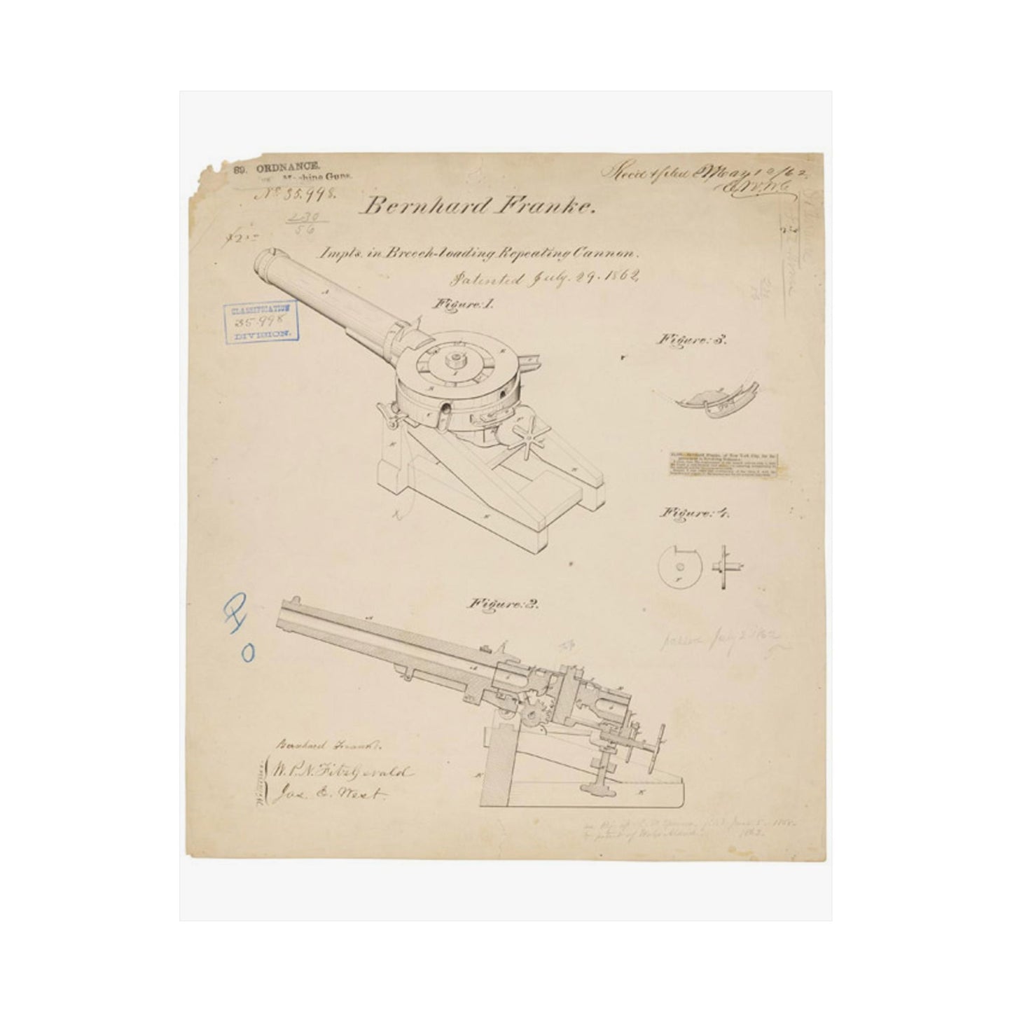 Patent drawing - Drawing of Improvements in Breech-Loading Repeating Cannon Public domain image High Quality Matte Wall Art Poster for Home, Office, Classroom