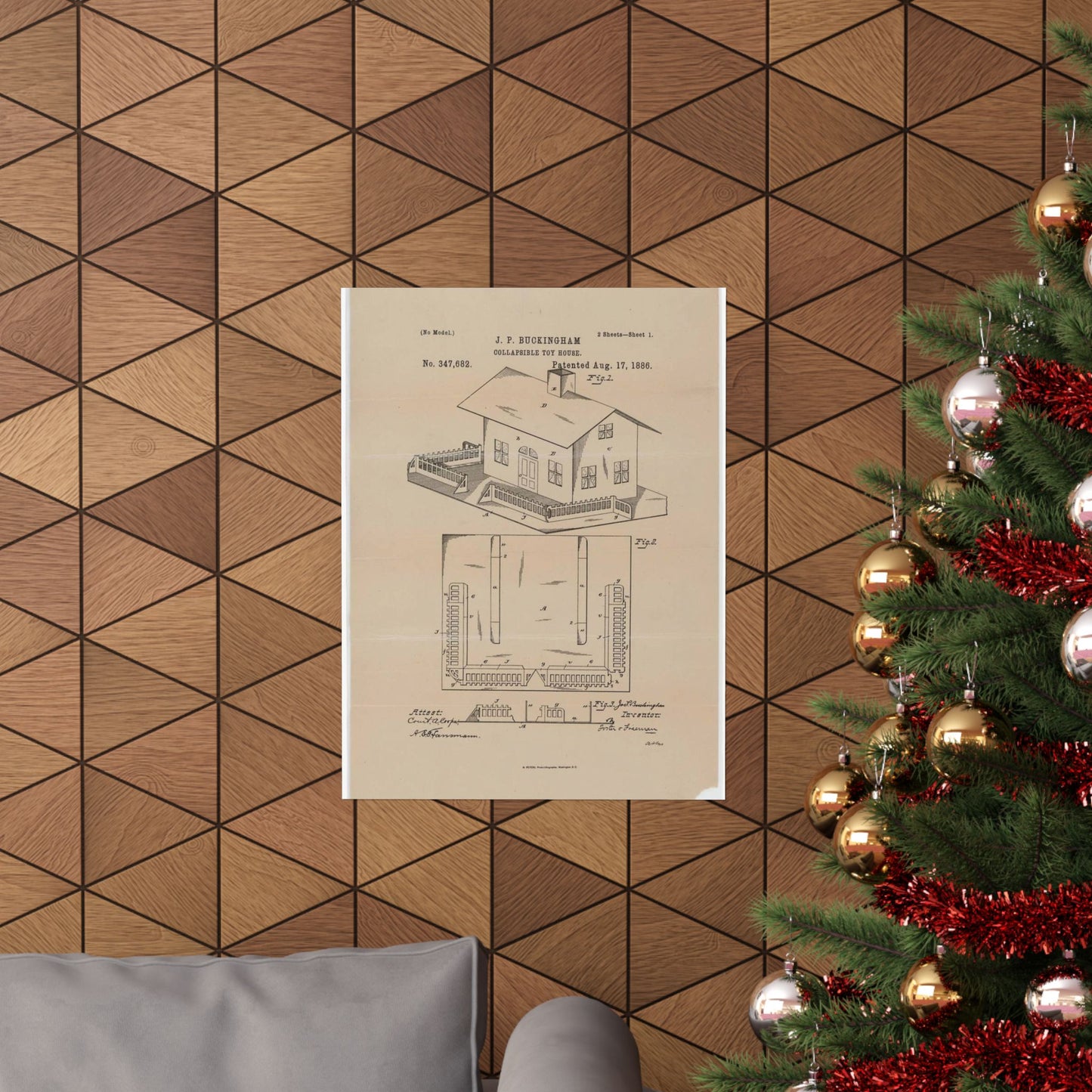 Patent Drawing of Engine - Drawing for a Collapsible Toy House Public domain image High Quality Matte Wall Art Poster for Home, Office, Classroom