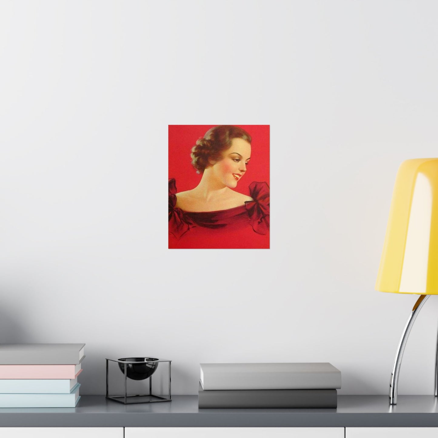 Brunette girl head, red background, painting by Edward Mason Eggleston High Quality Matte Wall Art Poster for Home, Office, Classroom